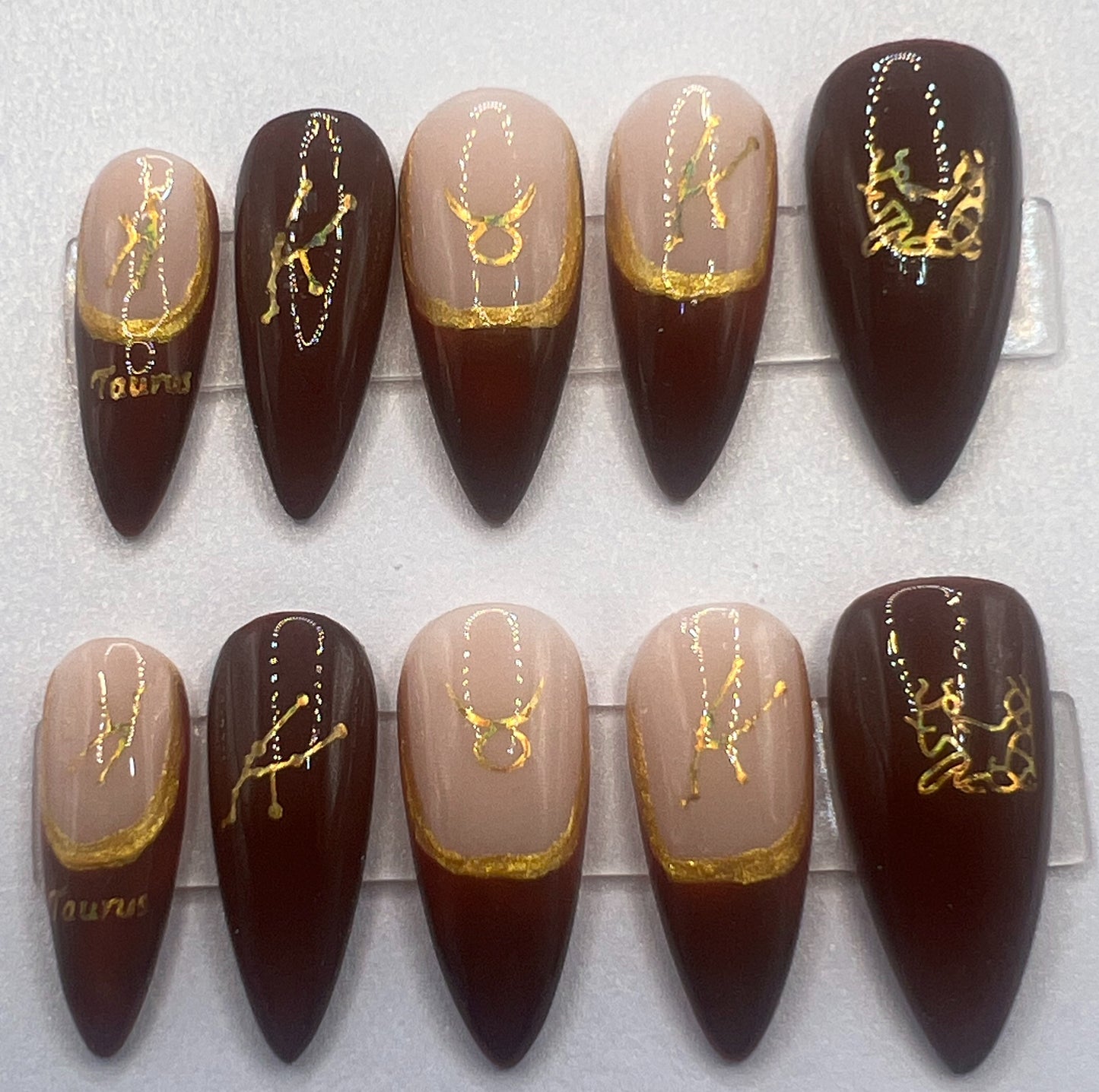 Deep Brown French Tip Gold Mismatched Nude Taurus Press-on Nails | Earthbound Taurus