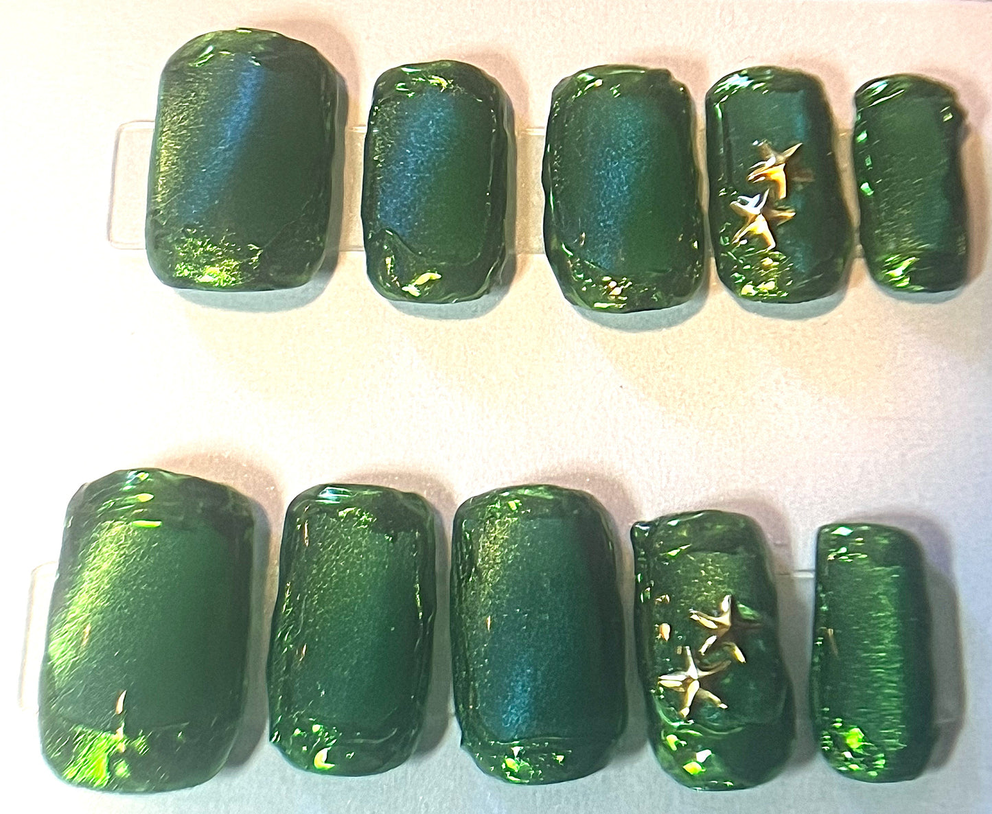 Emerald Abyss Press-On Nails | Green Jelly Cat Eye & Gold Chrome