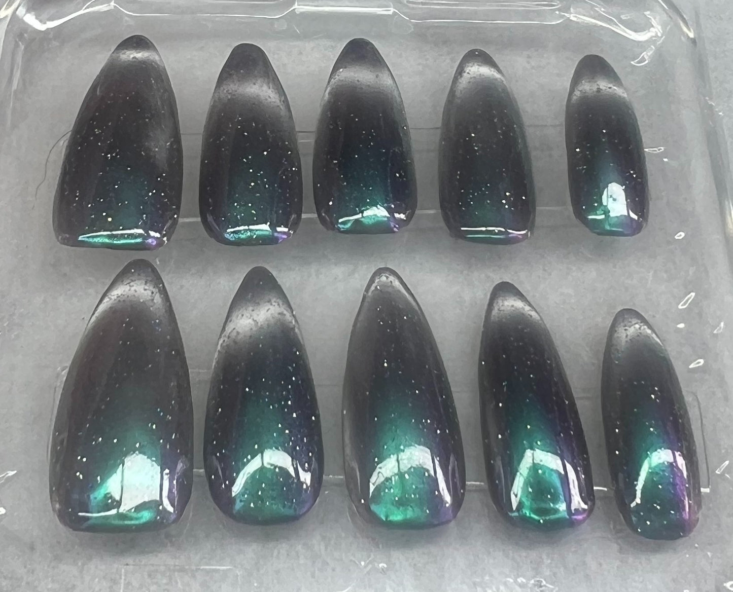 Galactic Glimpse Nails | Glass Cat-Eye Smile Line & Chrome Gradient