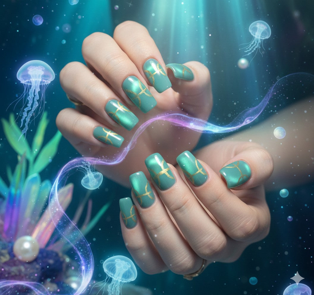 Mesmerizing Pisces Nails | Teal Jelly Cat Eye & Hand-Painted Gold