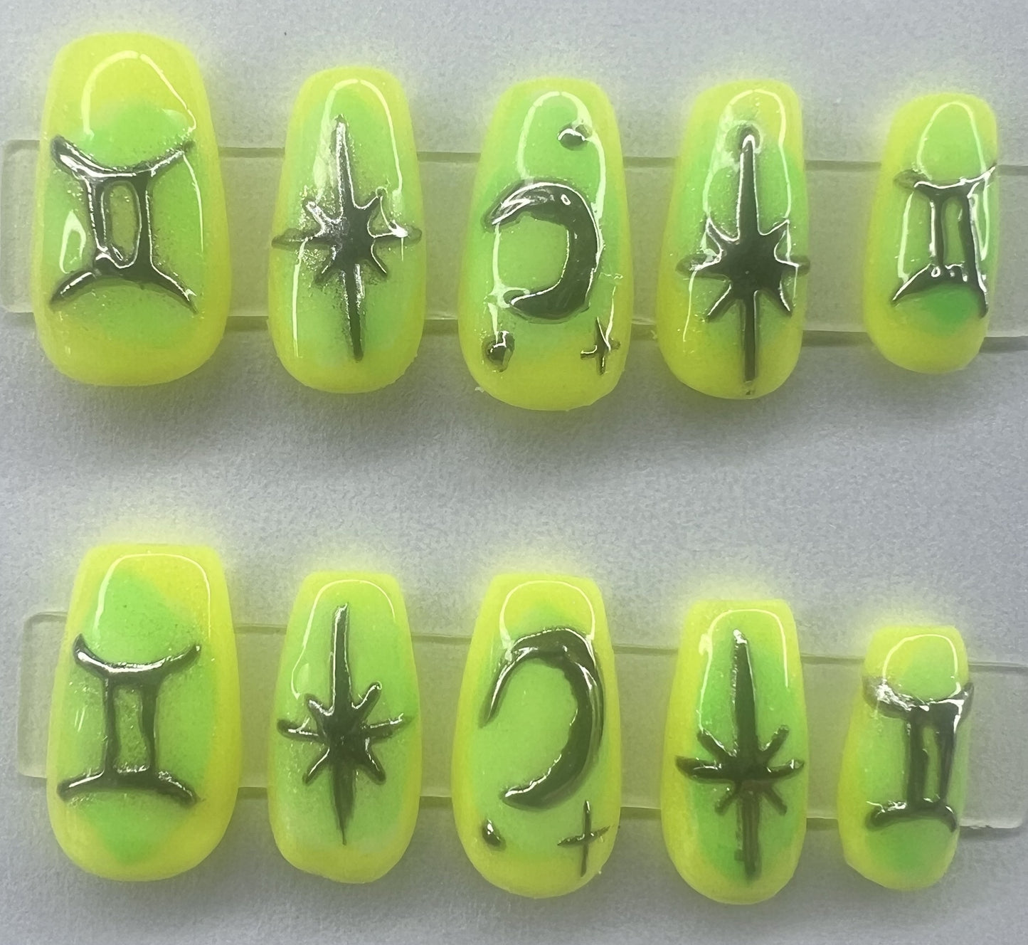 Neon Yellow Green Aura Purple Silver Chrome Hand Painted Zodiac Stars Glowing Twins Nails | Glowing Twins