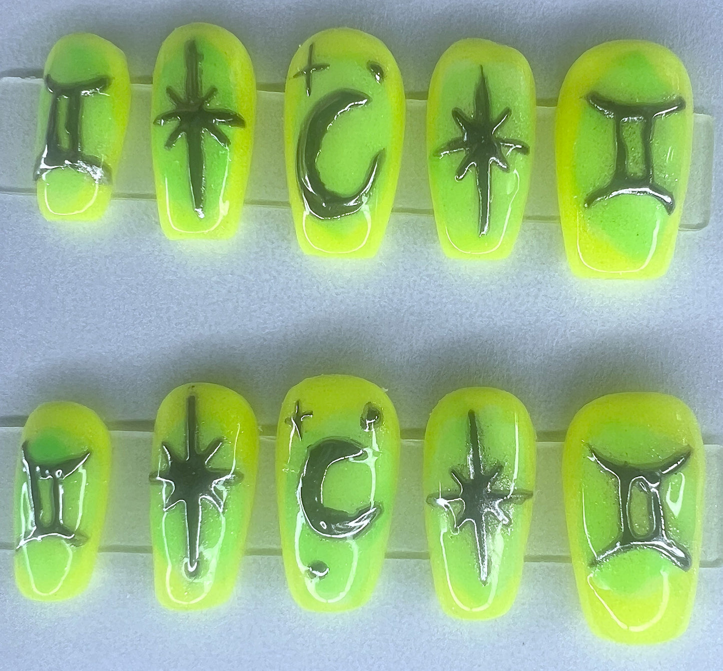 Neon Yellow Green Aura Purple Silver Chrome Hand Painted Zodiac Stars Glowing Twins Nails | Glowing Twins