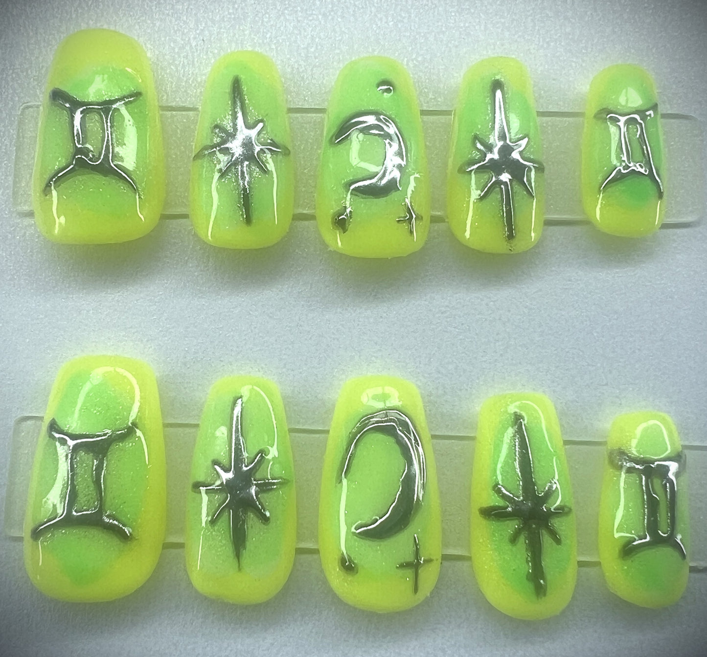Neon Yellow Green Aura Purple Silver Chrome Hand Painted Zodiac Stars Glowing Twins Nails | Glowing Twins