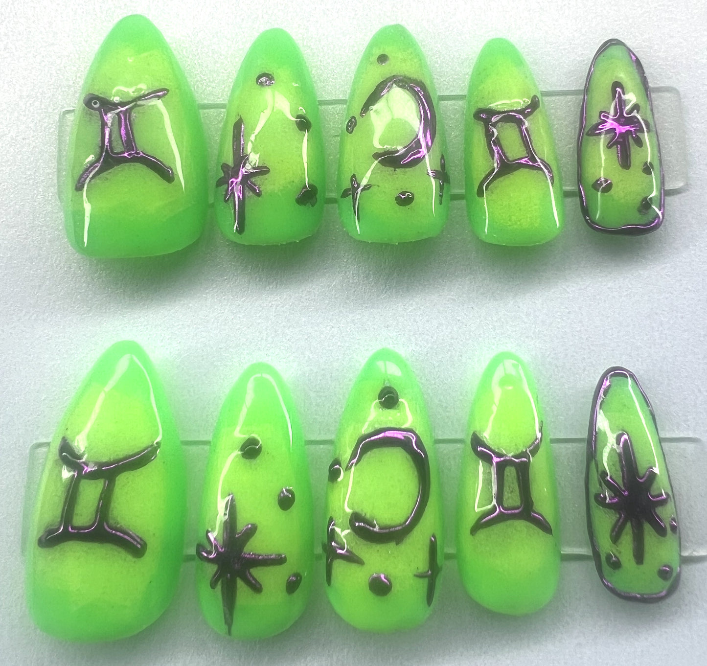 Neon Yellow Green Aura Purple Silver Chrome Hand Painted Zodiac Stars Glowing Twins Nails | Glowing Twins