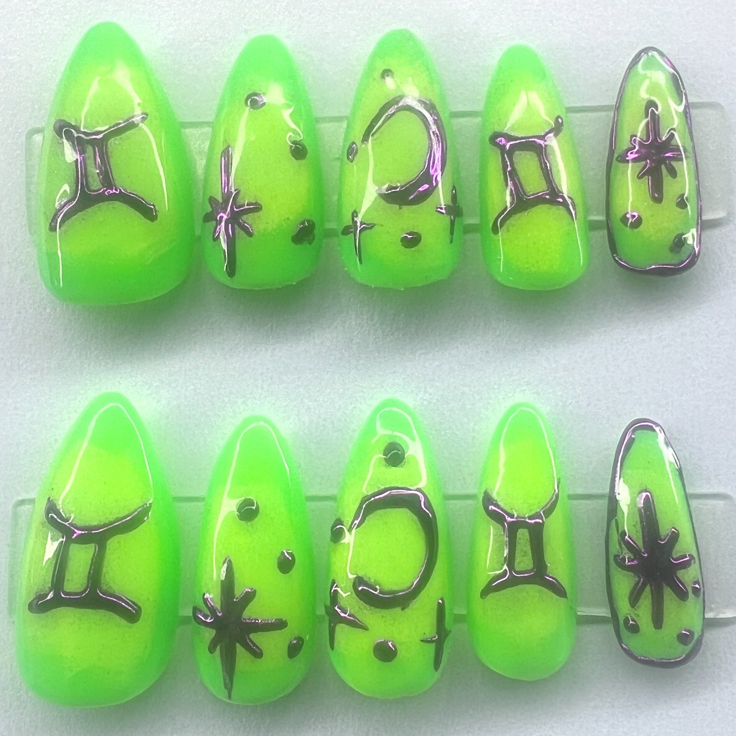 Neon Yellow Green Aura Purple Silver Chrome Hand Painted Zodiac Stars Glowing Twins Nails | Glowing Twins