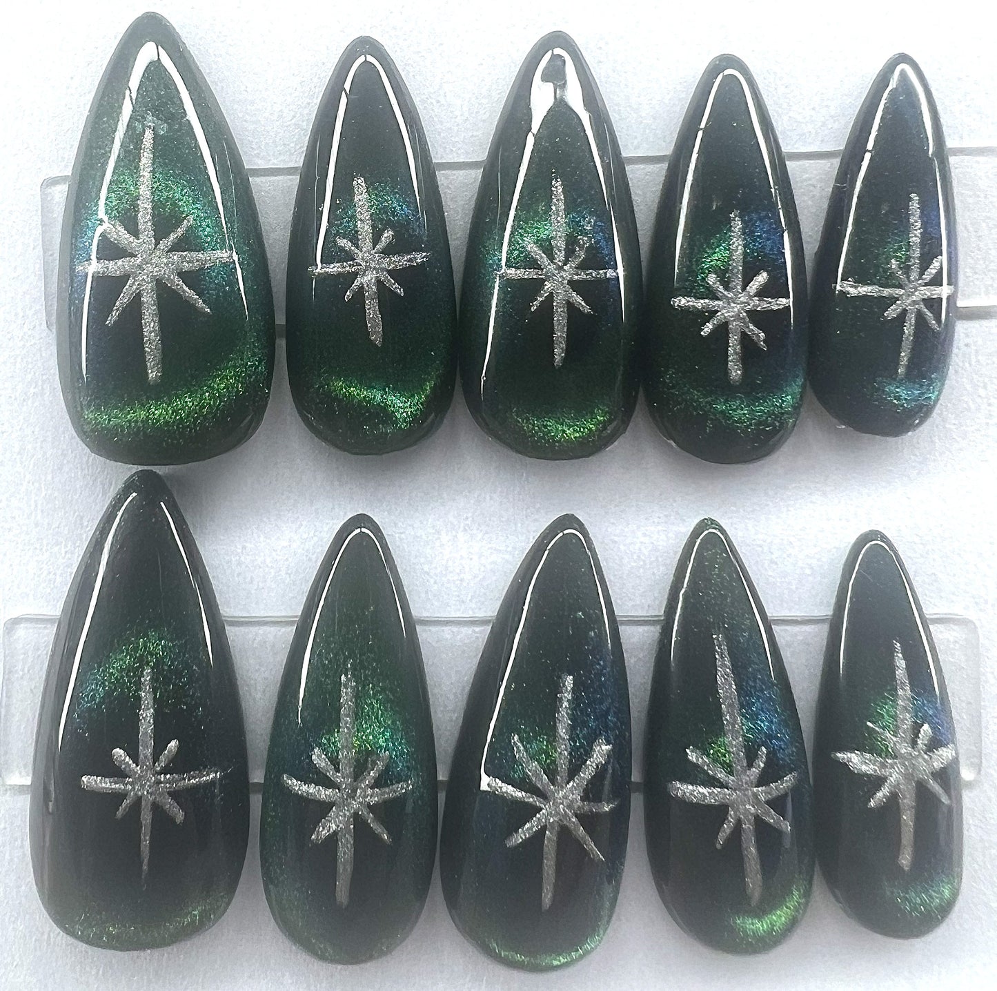 Celestial Galaxy Press-On Nails | Green Blue 9D Cat Eye Silver Star | Hole in Galaxy