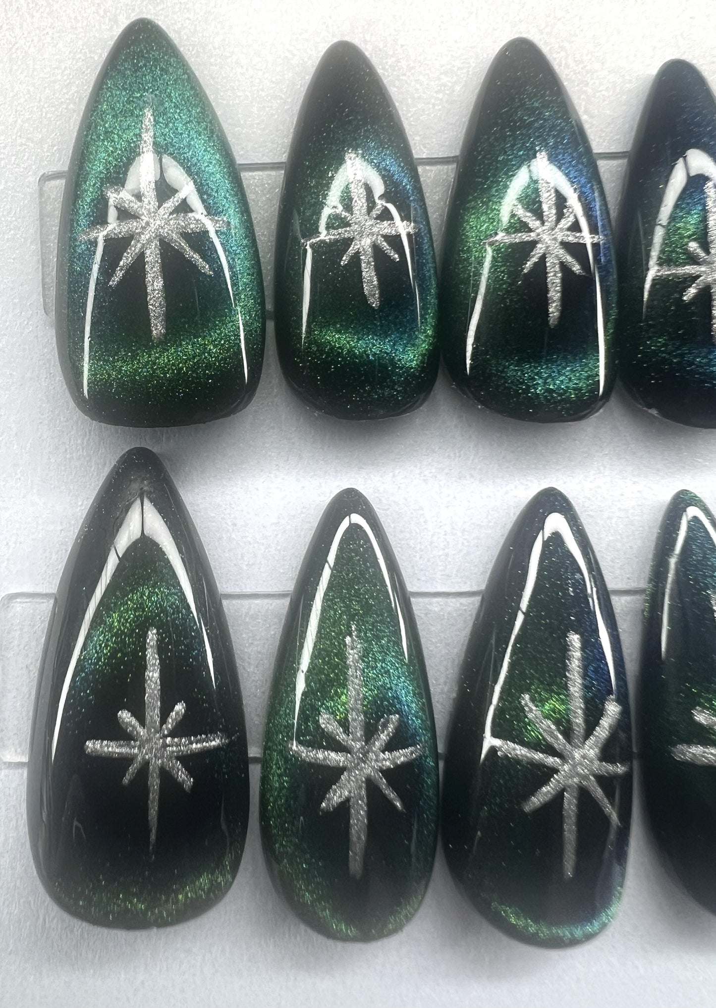 Celestial Galaxy Press-On Nails | Green Blue 9D Cat Eye Silver Star | Hole in Galaxy
