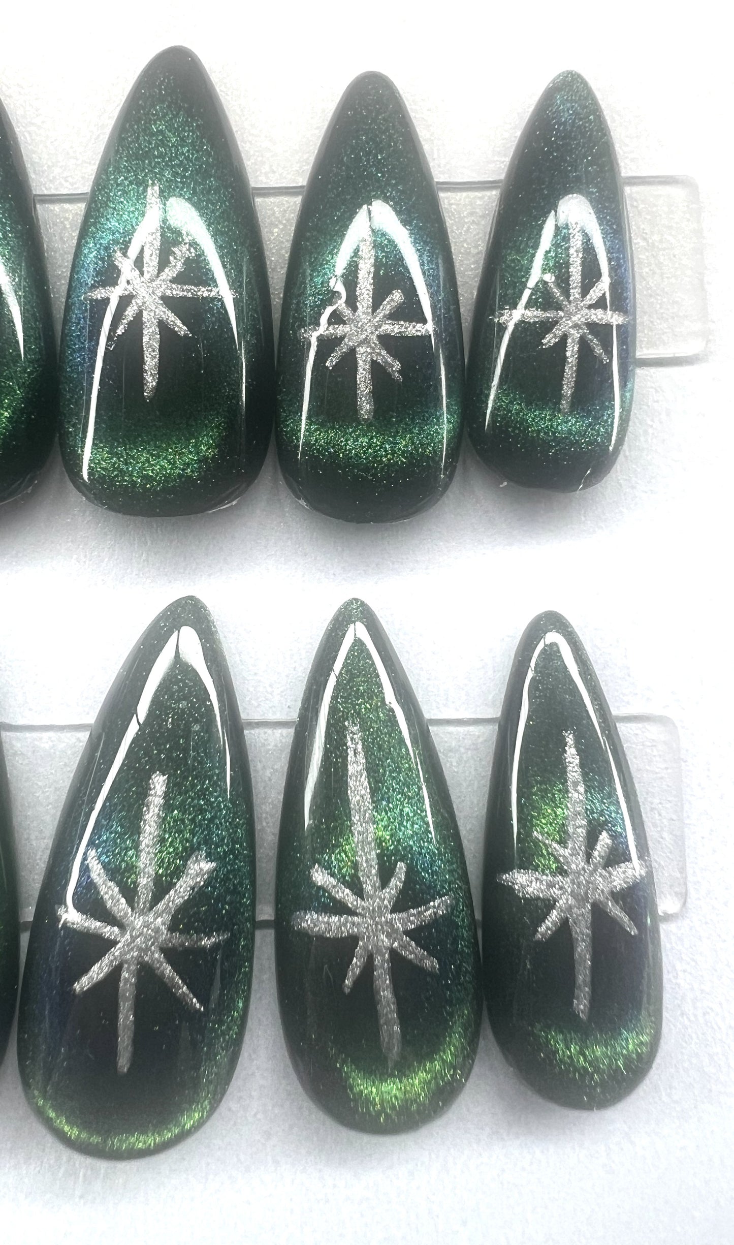 Celestial Galaxy Press-On Nails | Green Blue 9D Cat Eye Silver Star | Hole in Galaxy