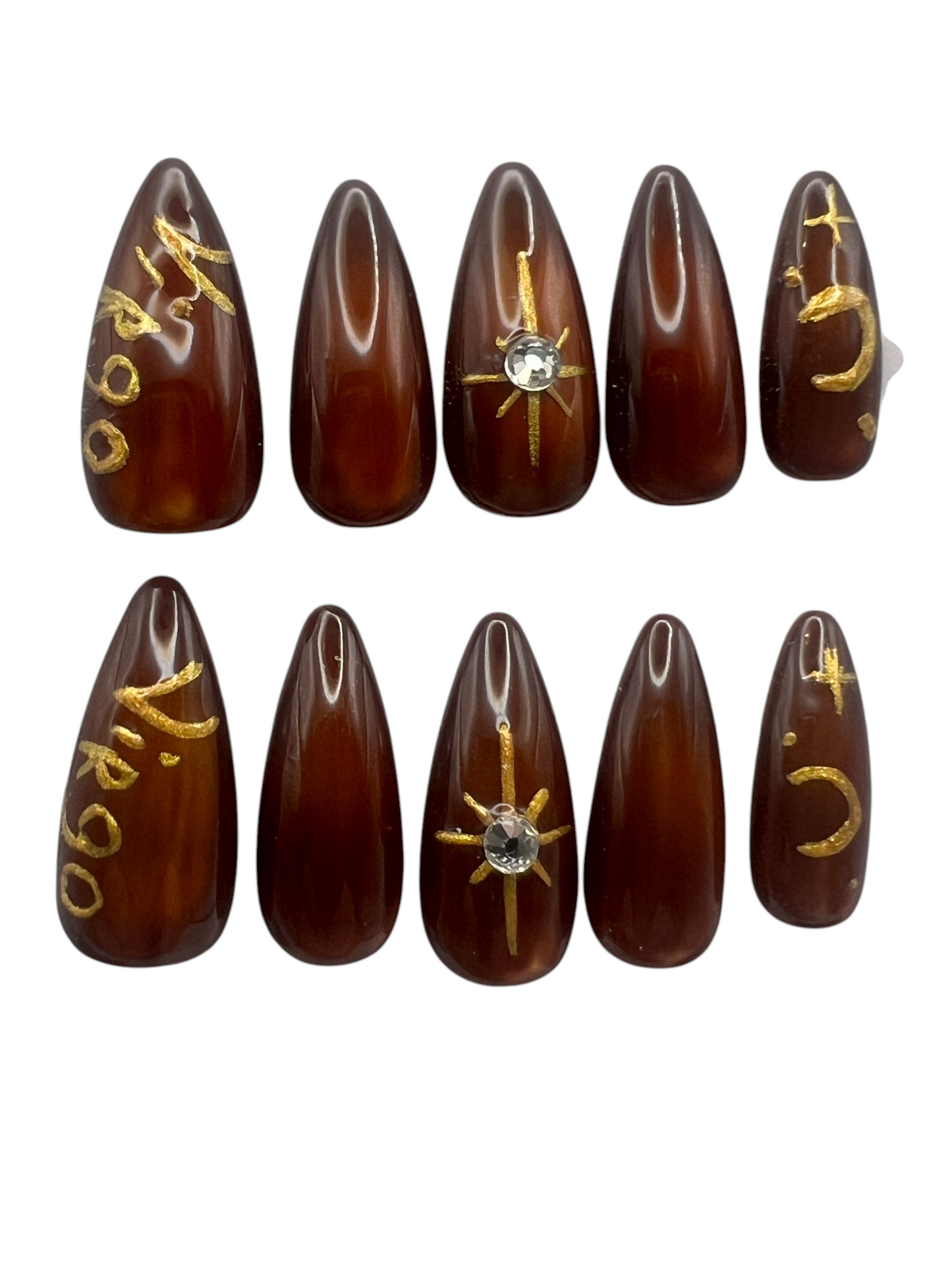 Virgo Zodiac Press On Nails Brown Cat Eye Jelly False Nails, Gold Celestial Star Moon Rhinestone Gel Nails, Custom Earth Sign Fake Nails