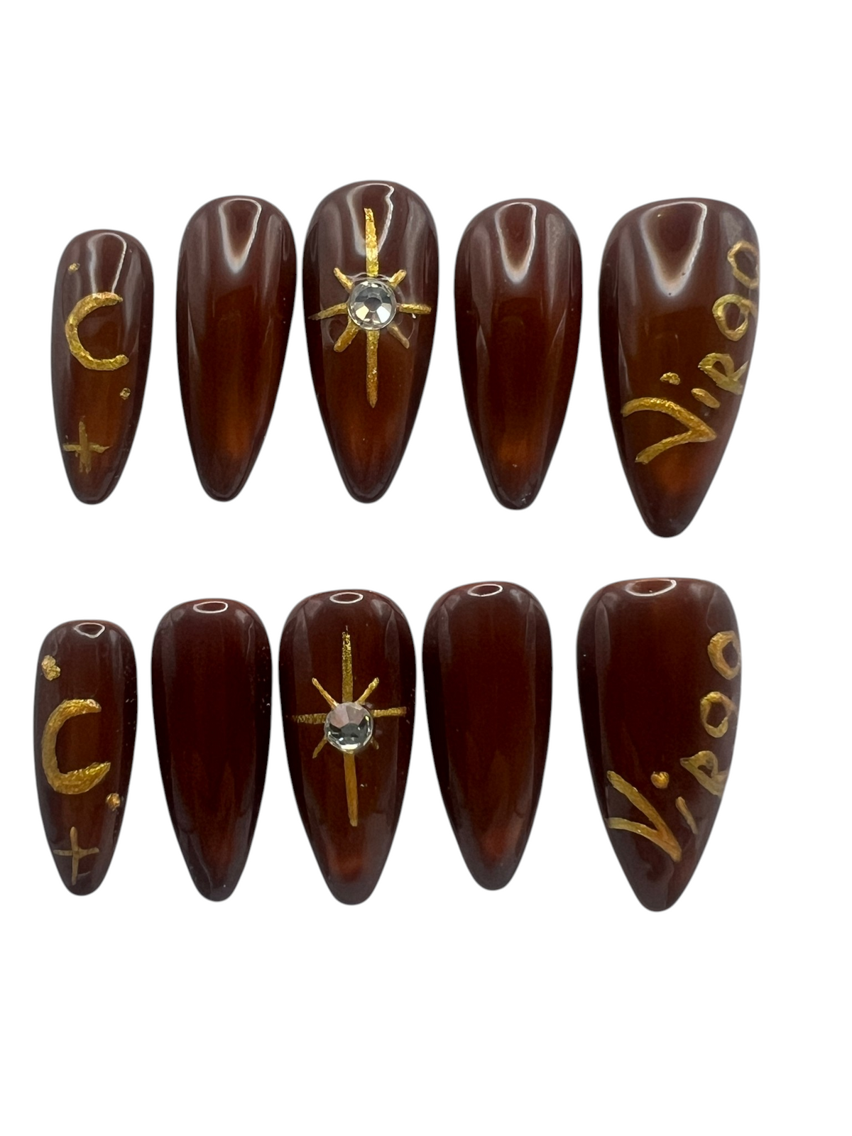Virgo Zodiac Press On Nails Brown Cat Eye Jelly False Nails, Gold Celestial Star Moon Rhinestone Gel Nails, Custom Earth Sign Fake Nails