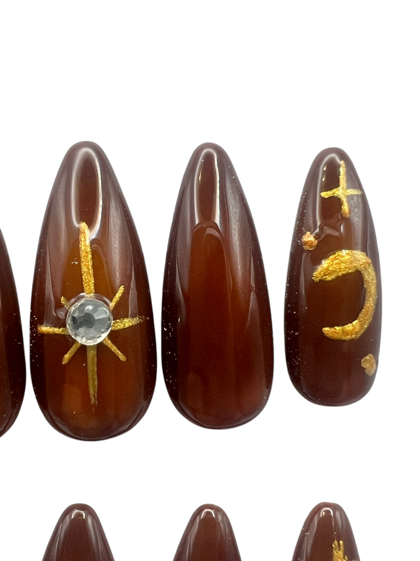 Virgo Zodiac Press On Nails Brown Cat Eye Jelly False Nails, Gold Celestial Star Moon Rhinestone Gel Nails, Custom Earth Sign Fake Nails
