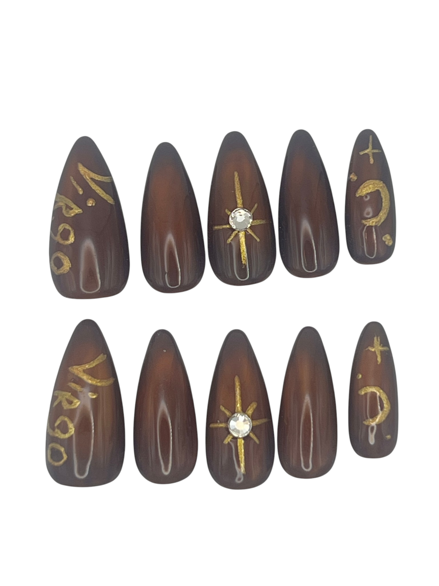Virgo Zodiac Press On Nails Brown Cat Eye Jelly False Nails, Gold Celestial Star Moon Rhinestone Gel Nails, Custom Earth Sign Fake Nails