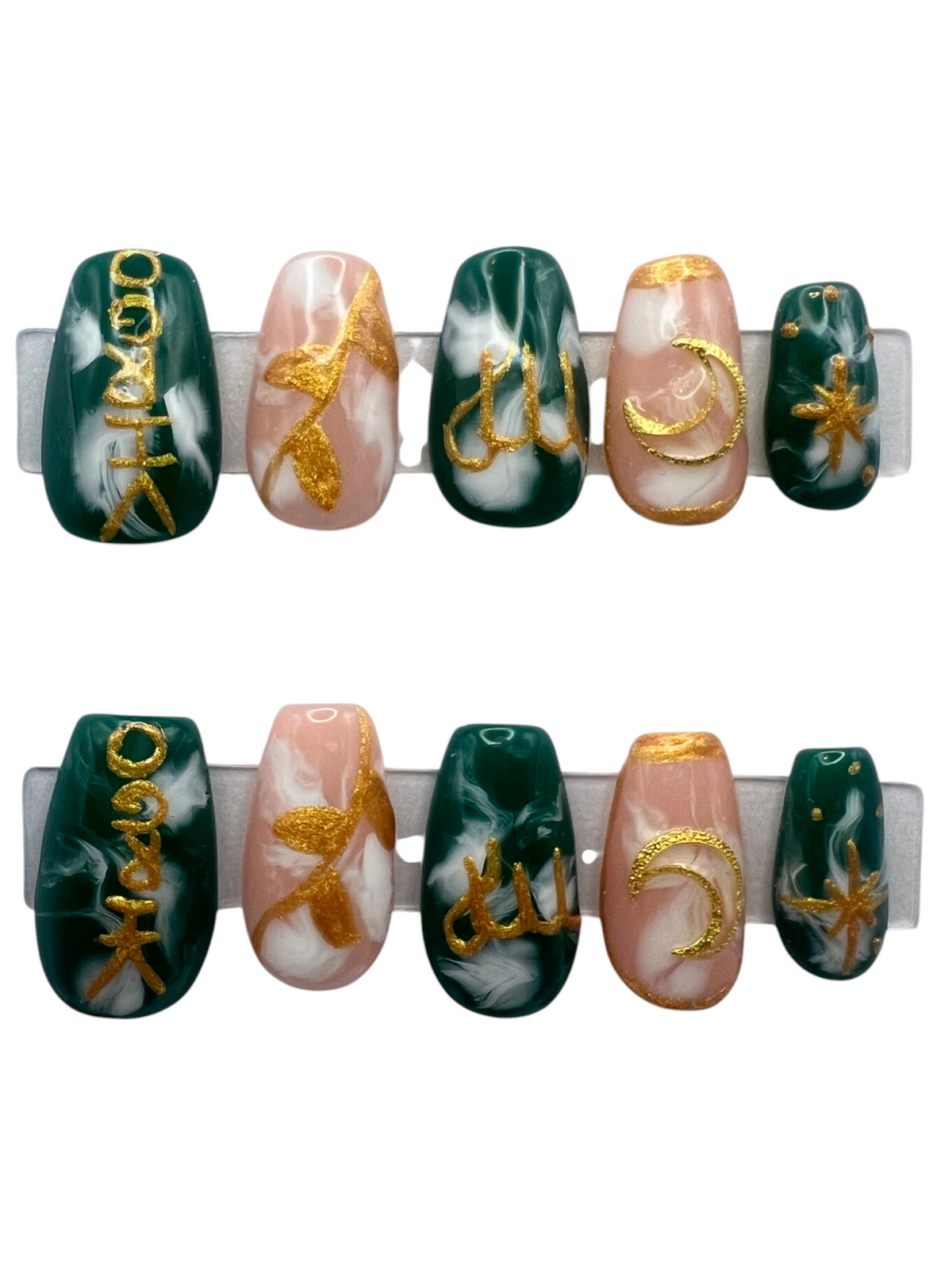Short coffin-shaped press-on nails featuring a mismatched dark forest green and soft nude marble design with white blooming veins. Metallic gold art includes the word VIRGO on the thumb, a botanical leaf stalk on the index finger, the Virgo symbol on the middle finger, a gold outline with a crescent moon on the ring finger, and a celestial star on the pinky.