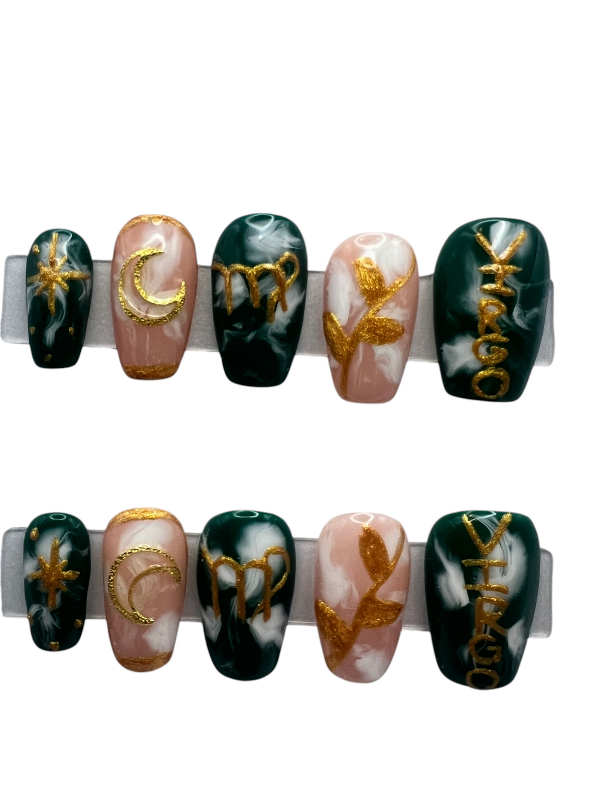 Virgo Zodiac Press On Nails Green Nude Marble Quartz False Nails, Gold Botanical Leaf Moon Astrology Gel Nails, Custom Earth Sign Fake Nails