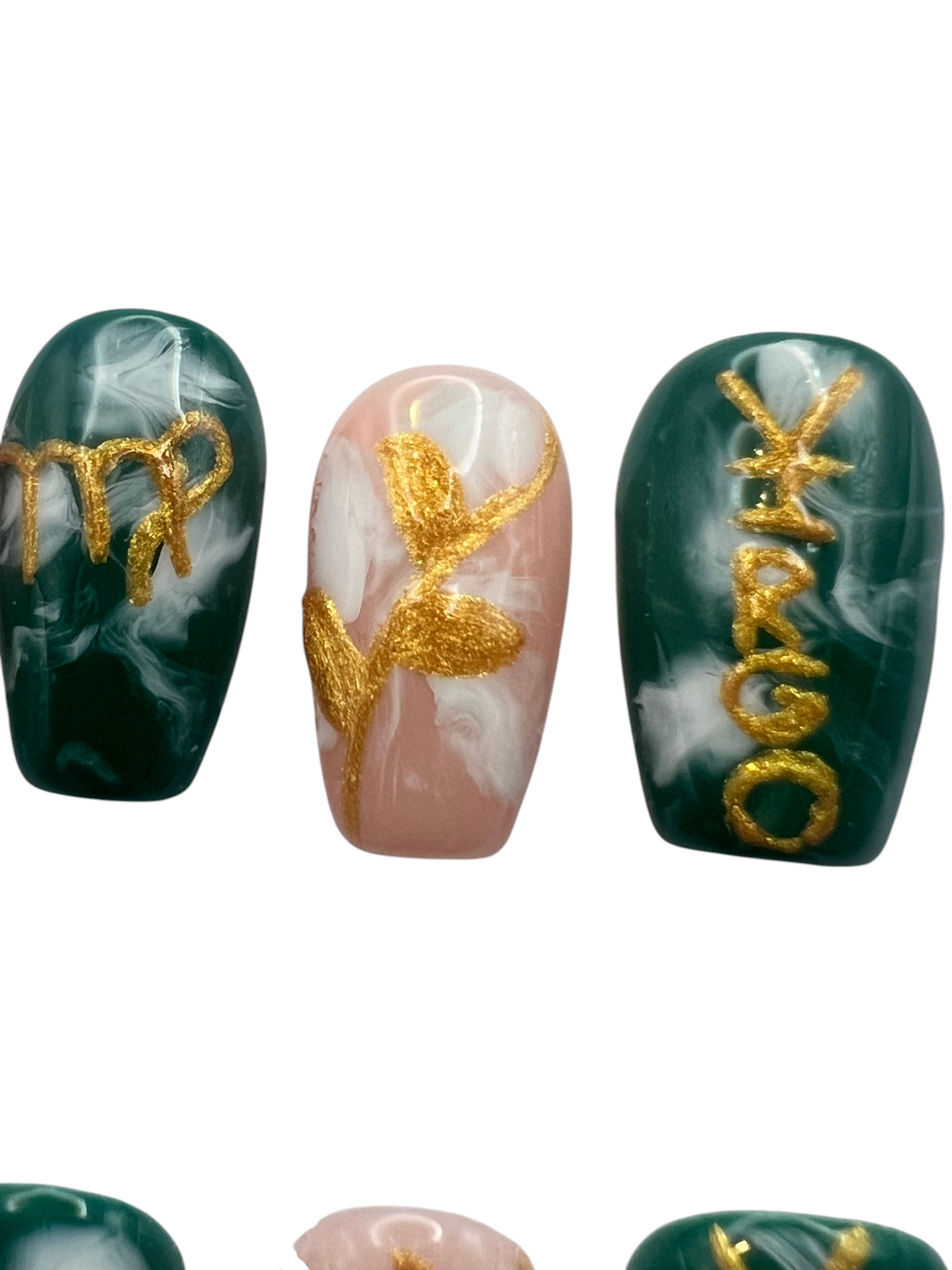 Virgo Zodiac Press On Nails Green Nude Marble Quartz False Nails, Gold Botanical Leaf Moon Astrology Gel Nails, Custom Earth Sign Fake Nails