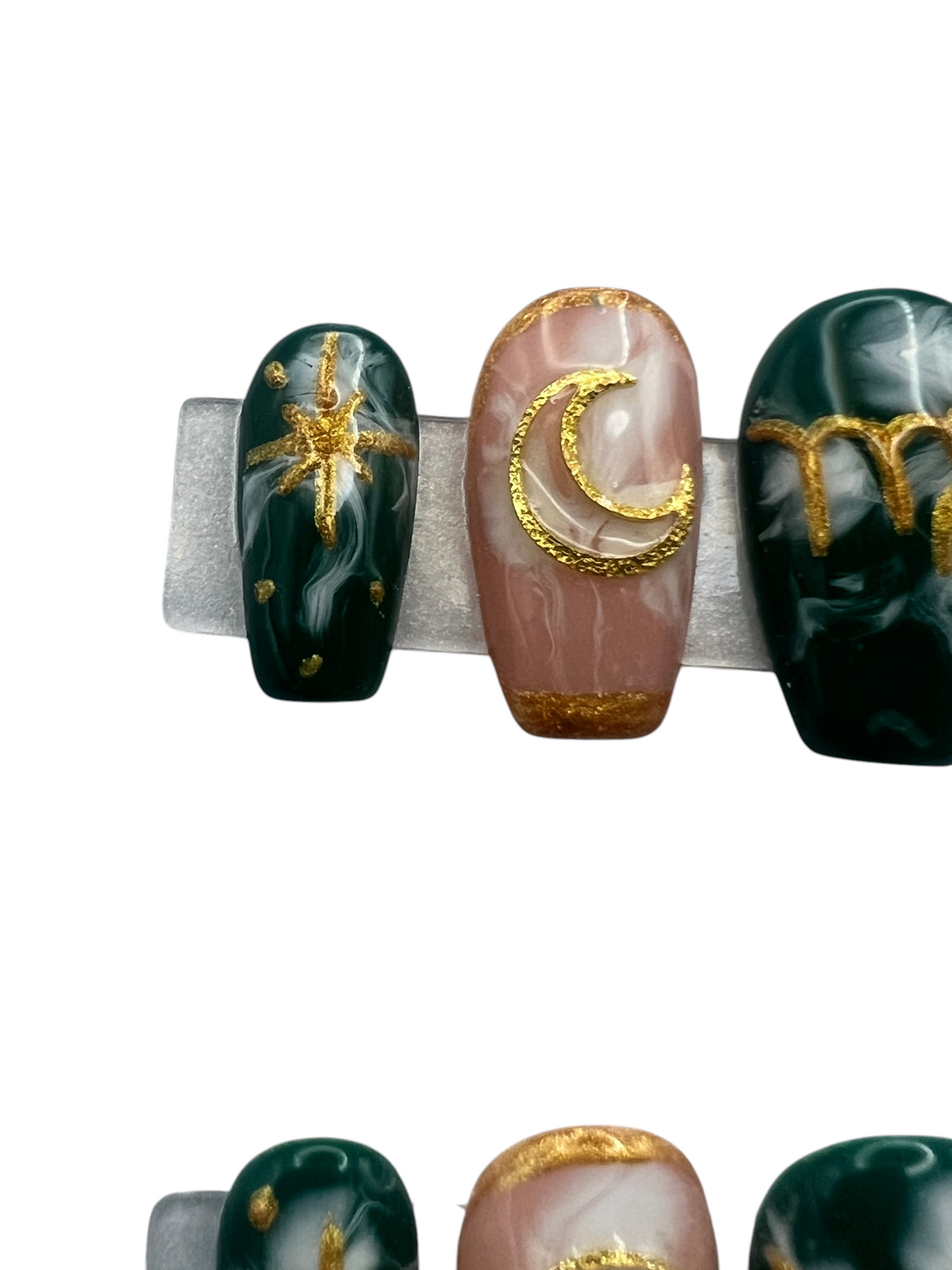 Virgo Zodiac Press On Nails Green Nude Marble Quartz False Nails, Gold Botanical Leaf Moon Astrology Gel Nails, Custom Earth Sign Fake Nails