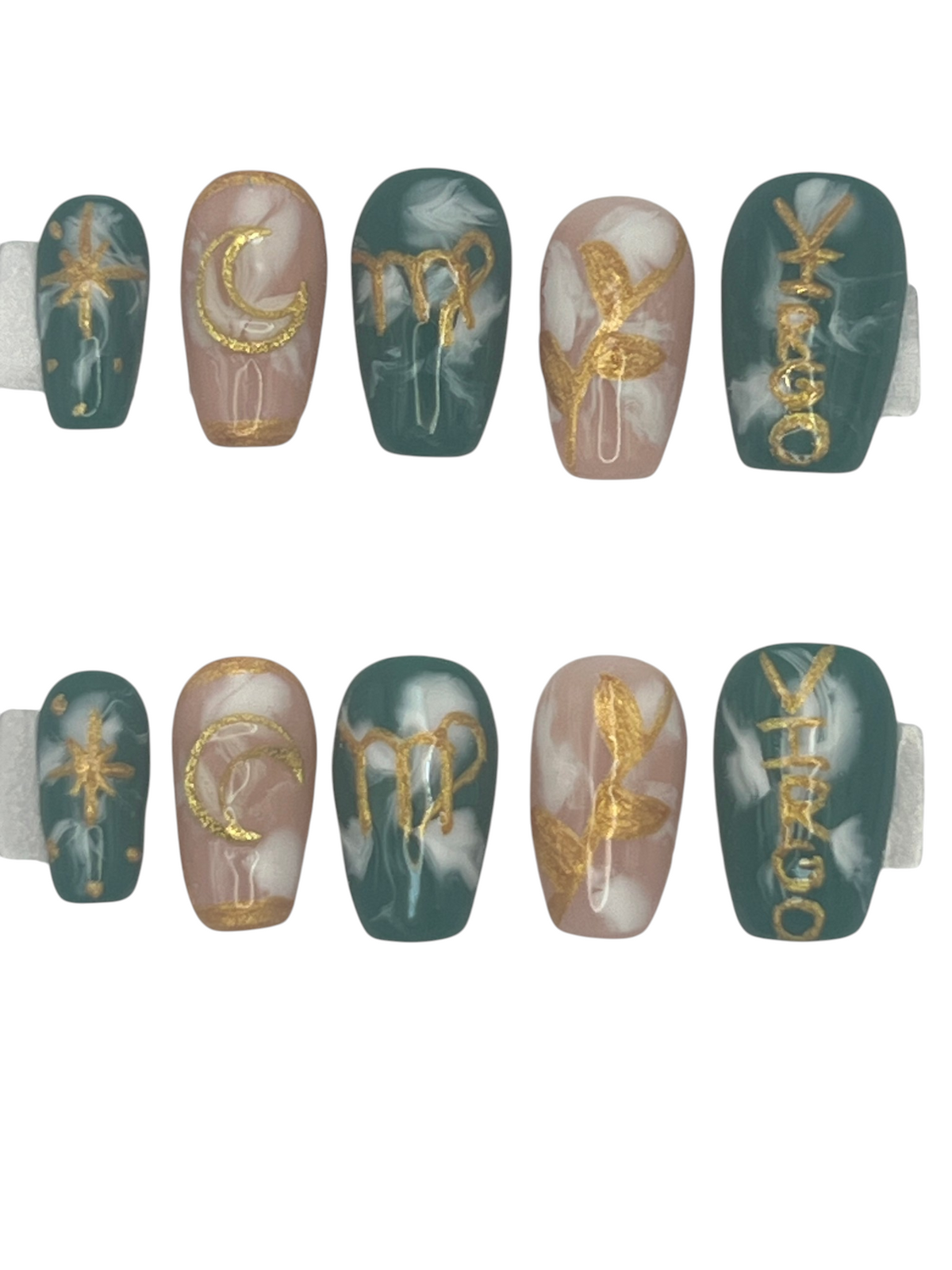Virgo Zodiac Press On Nails Green Nude Marble Quartz False Nails, Gold Botanical Leaf Moon Astrology Gel Nails, Custom Earth Sign Fake Nails