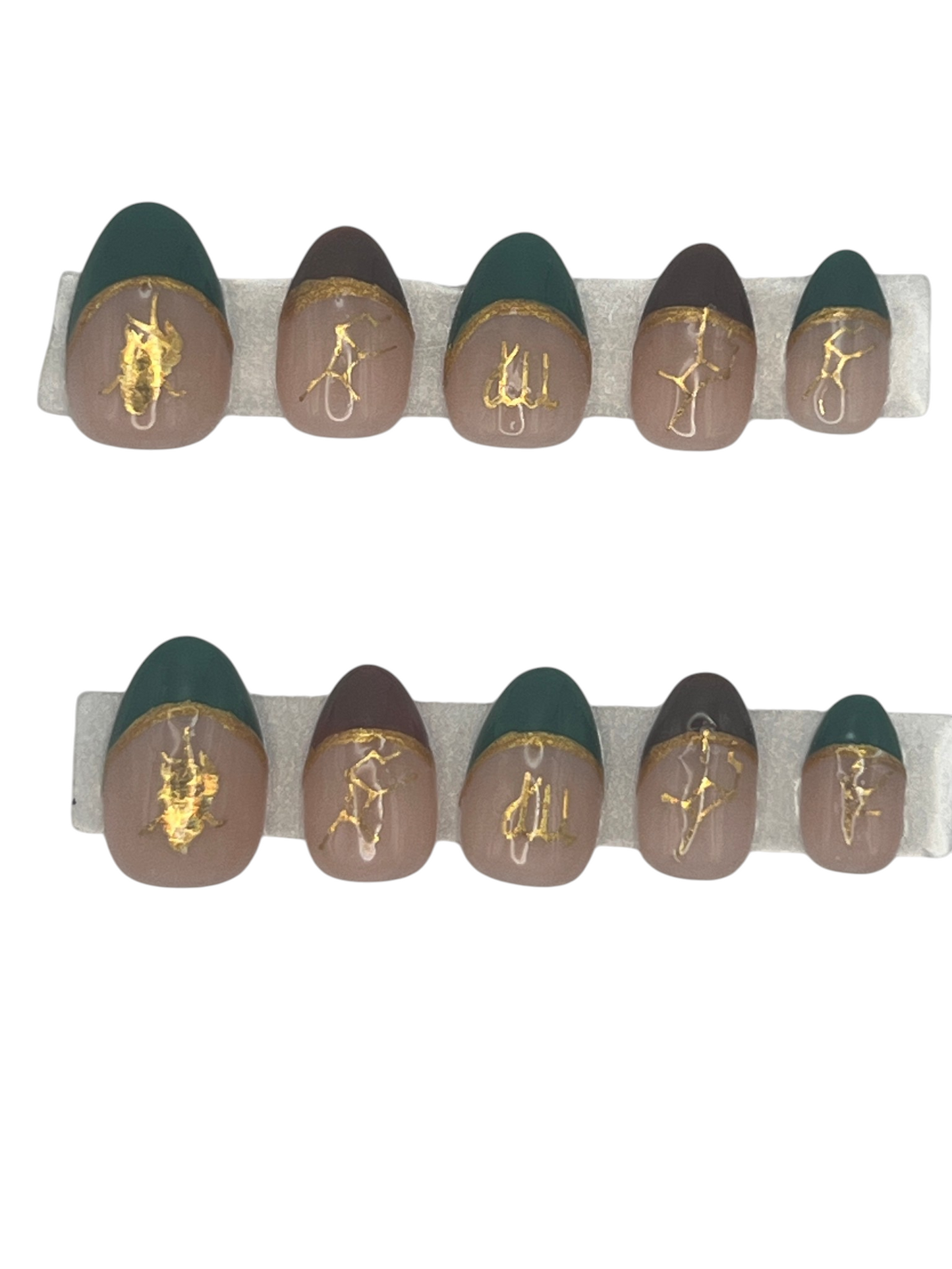 Virgo Zodiac Press On Nails Green Brown French Tip False Nails, Gold Holographic Astrology Decals Gel Nails, Custom Earth Sign Fake Nails