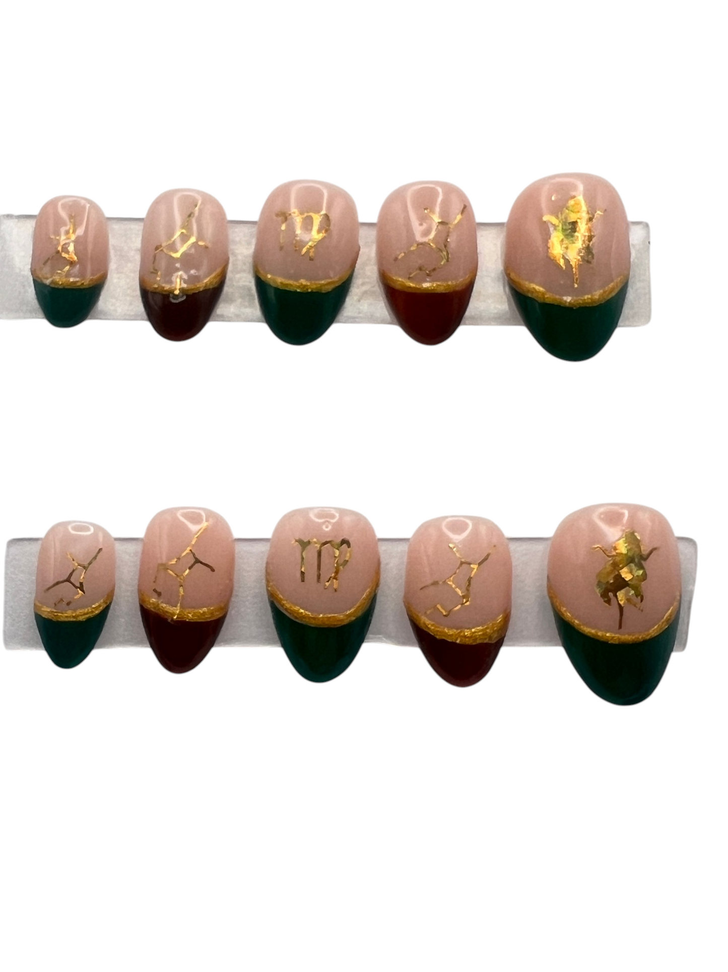 Virgo Zodiac Press On Nails Green Brown French Tip False Nails, Gold Holographic Astrology Decals Gel Nails, Custom Earth Sign Fake Nails