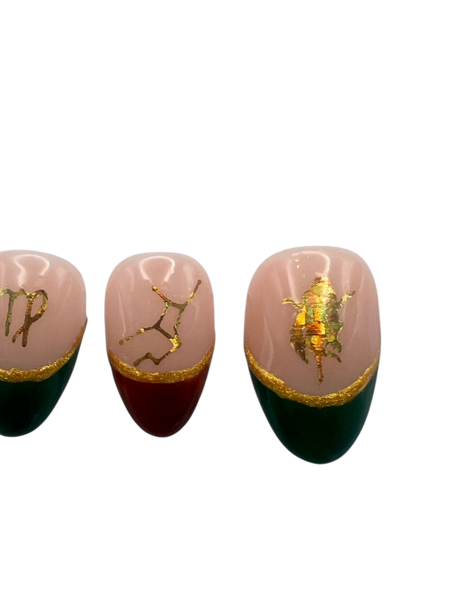 Virgo Zodiac Press On Nails Green Brown French Tip False Nails, Gold Holographic Astrology Decals Gel Nails, Custom Earth Sign Fake Nails