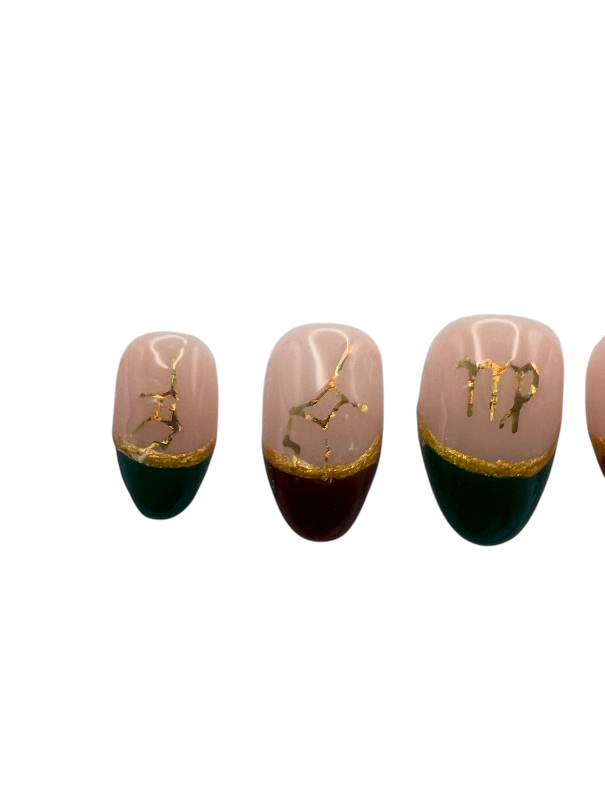 Virgo Zodiac Press On Nails Green Brown French Tip False Nails, Gold Holographic Astrology Decals Gel Nails, Custom Earth Sign Fake Nails