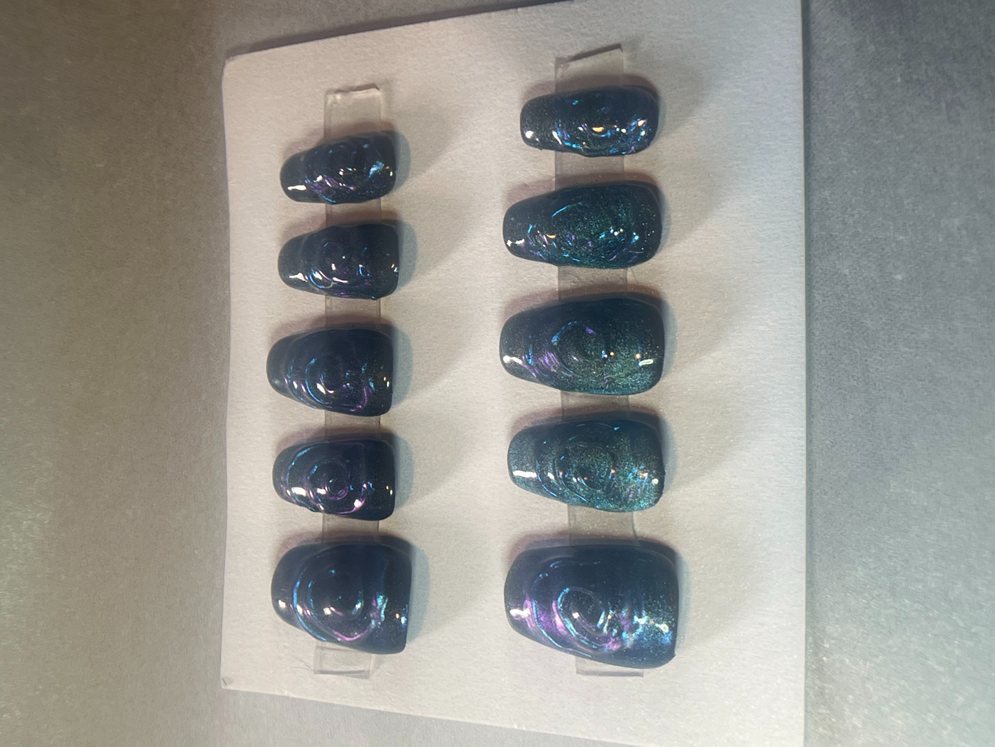Teal Velvet Press-On Nails | 3D Chrome Swirl Cat Eye
