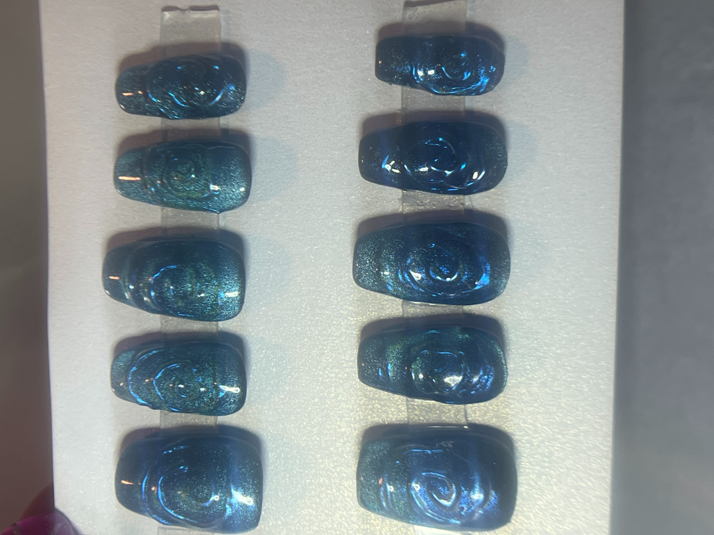 Teal Velvet Press-On Nails | 3D Chrome Swirl Cat Eye