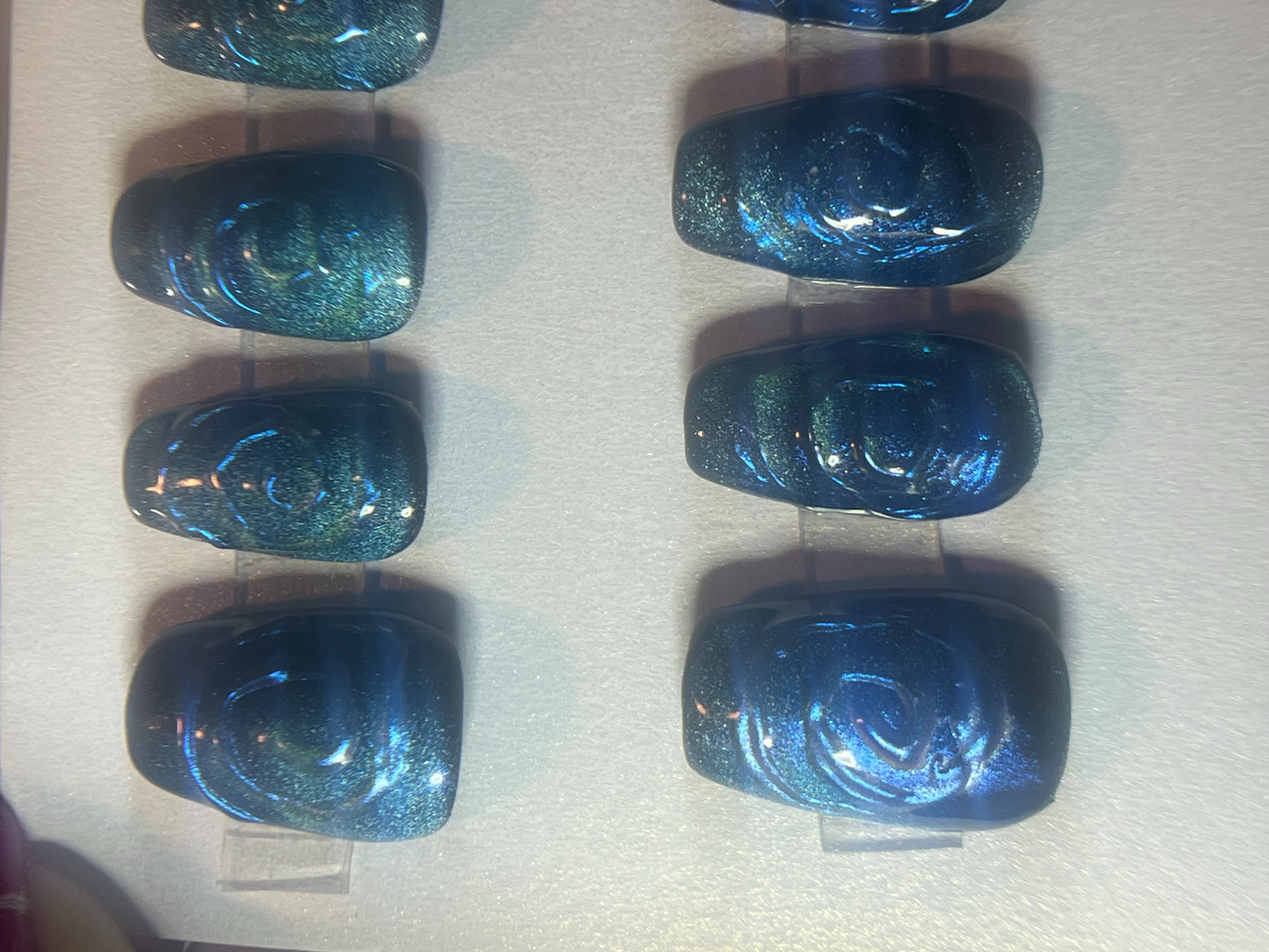 Teal Velvet Press-On Nails | 3D Chrome Swirl Cat Eye
