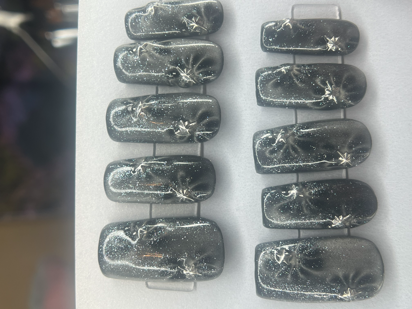 Flowers in Space Press-On Nails | Black Glass Cats Eye Floral Magnetic Star Charms