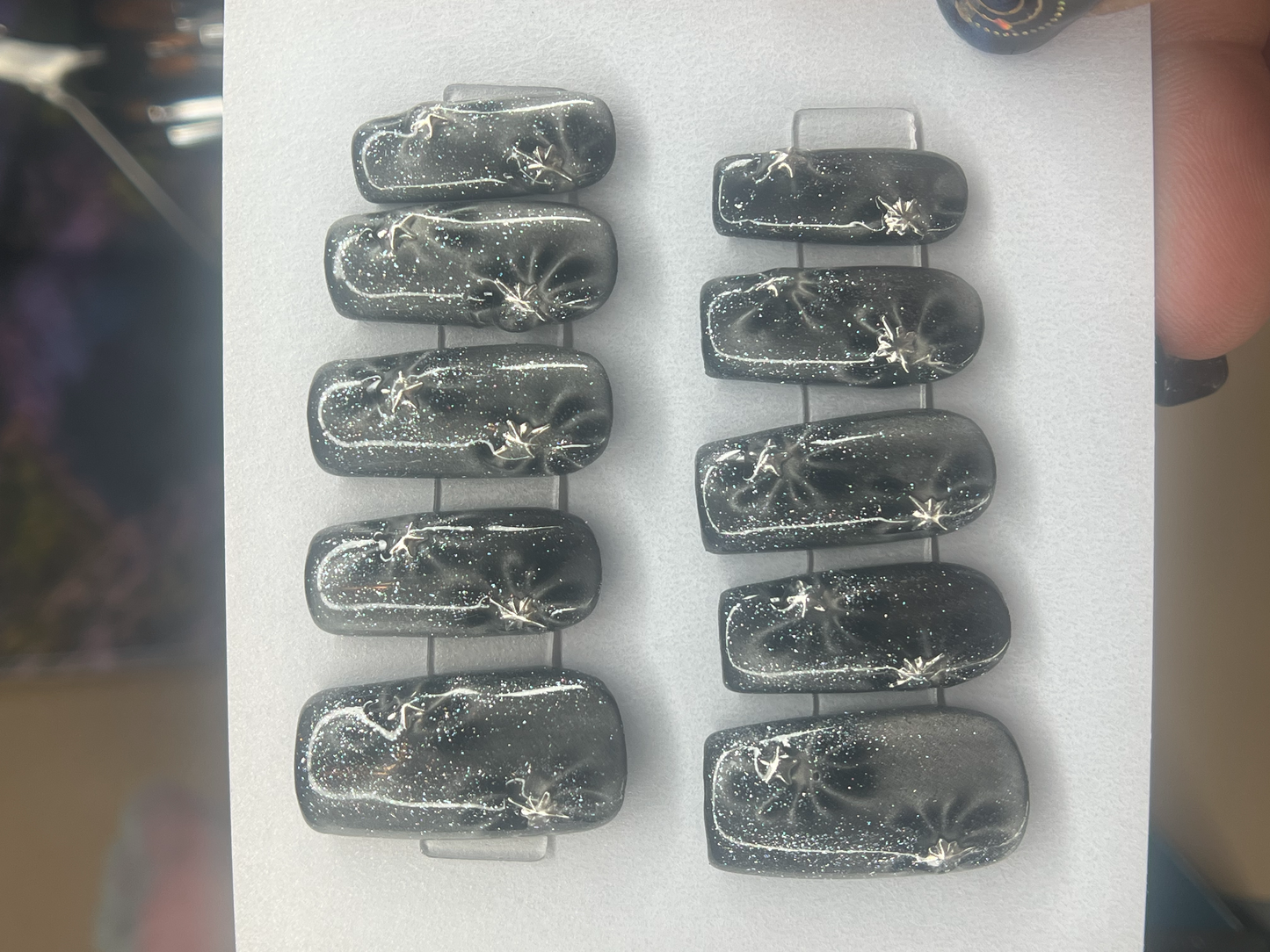 Flowers in Space Press-On Nails | Black Glass Cats Eye Floral Magnetic Star Charms