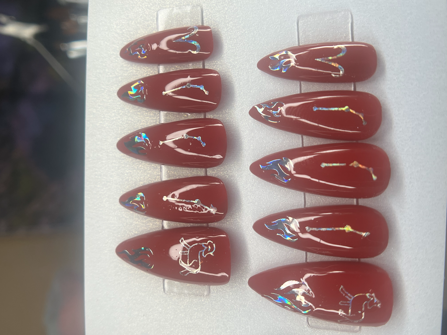 Deep Red Zodiac Press-On Nails | Holographic Stickers Astrology Celestial | Crimson Aries