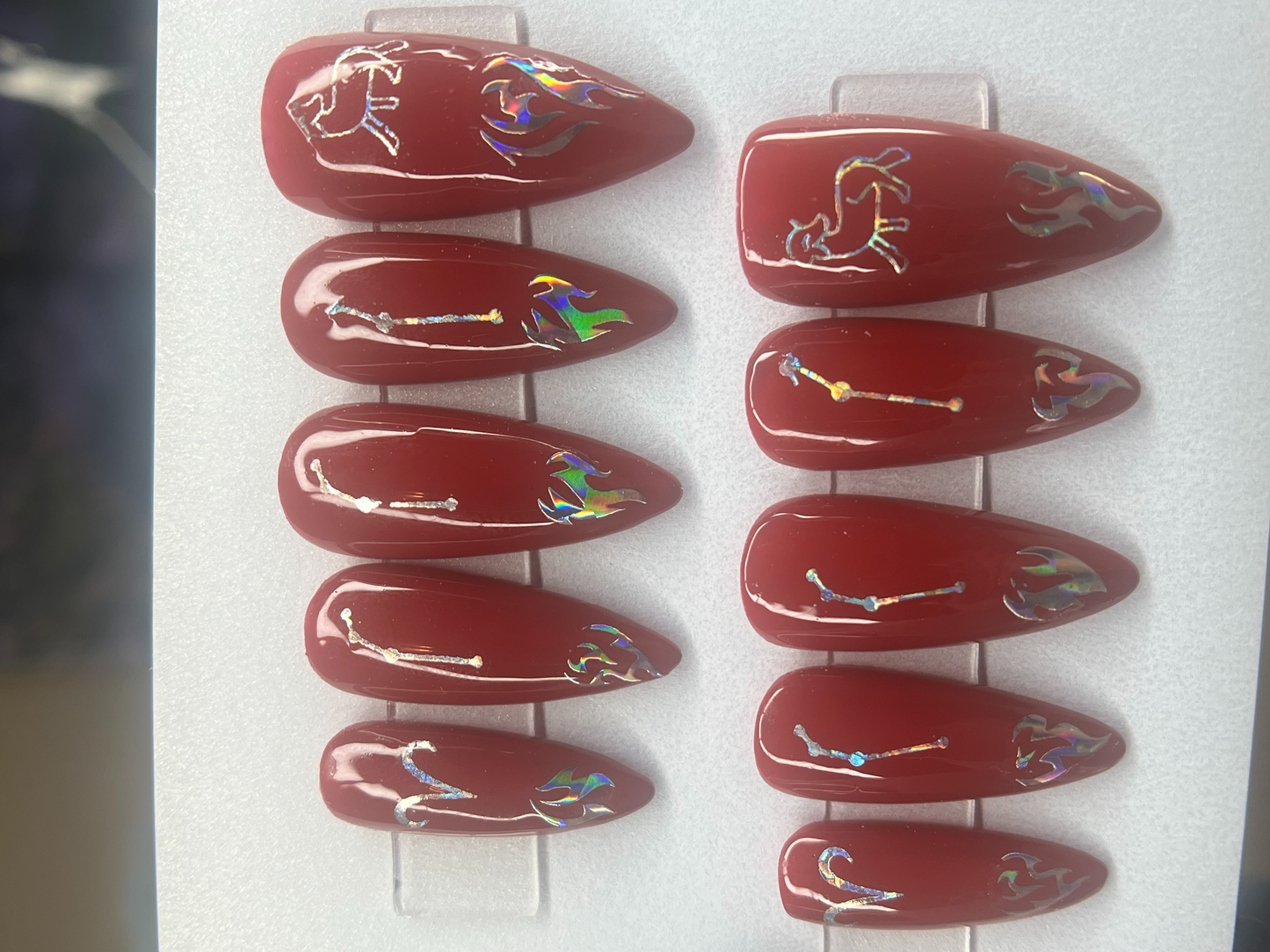 Deep Red Zodiac Press-On Nails | Holographic Stickers Astrology Celestial | Crimson Aries