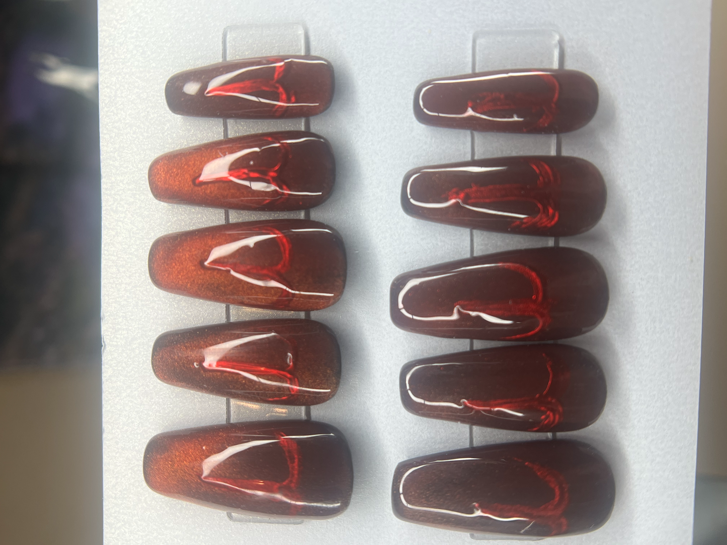 Red Gold Velvet Cat Eye Press-On Nails | Hand Painted Zodiac Symbol |Burning Aries
