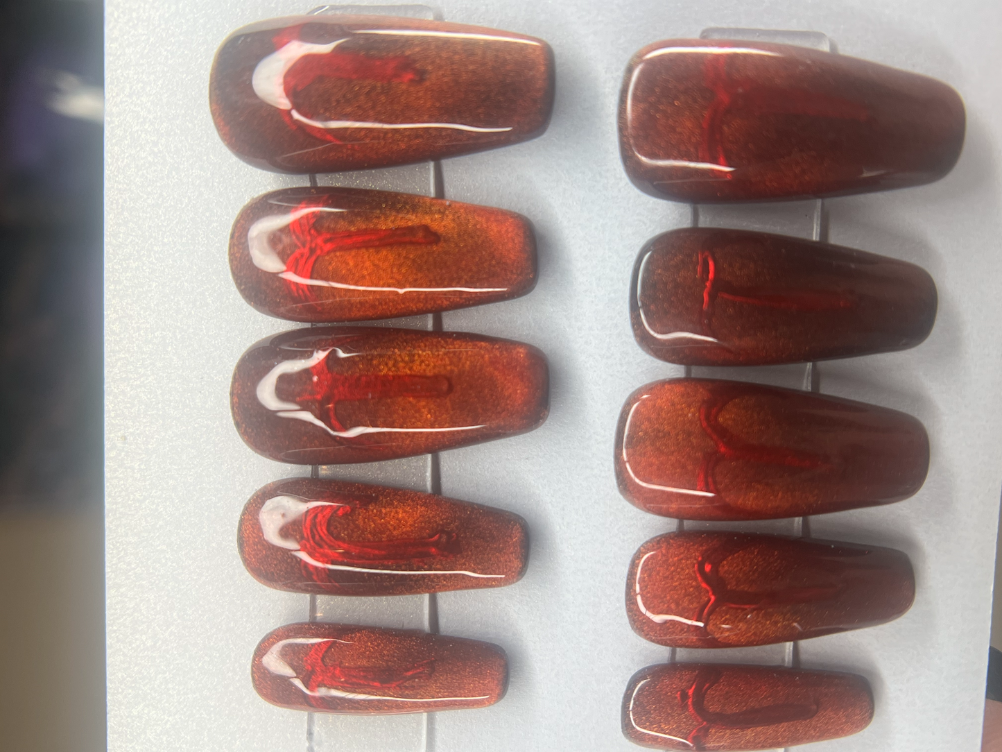 Red Gold Velvet Cat Eye Press-On Nails | Hand Painted Zodiac Symbol |Burning Aries