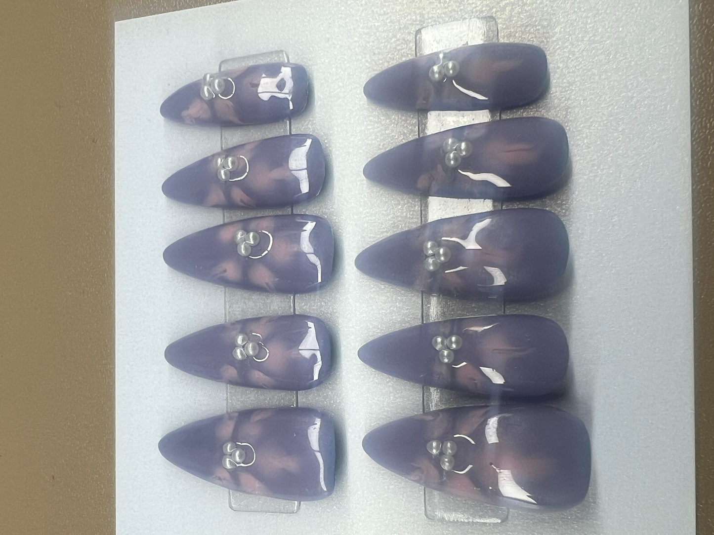 Lavender Pink Blooming Flower Press-On Nails | Pearls & Hidden Blue Glitter Underside | Celestial Flora