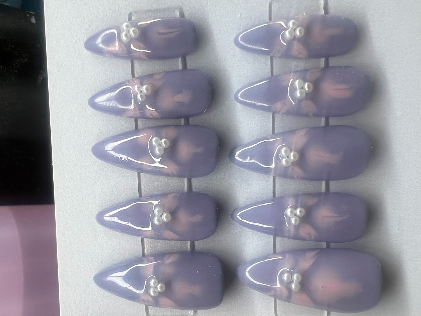 Lavender Pink Blooming Flower Press-On Nails | Pearls & Hidden Blue Glitter Underside | Celestial Flora