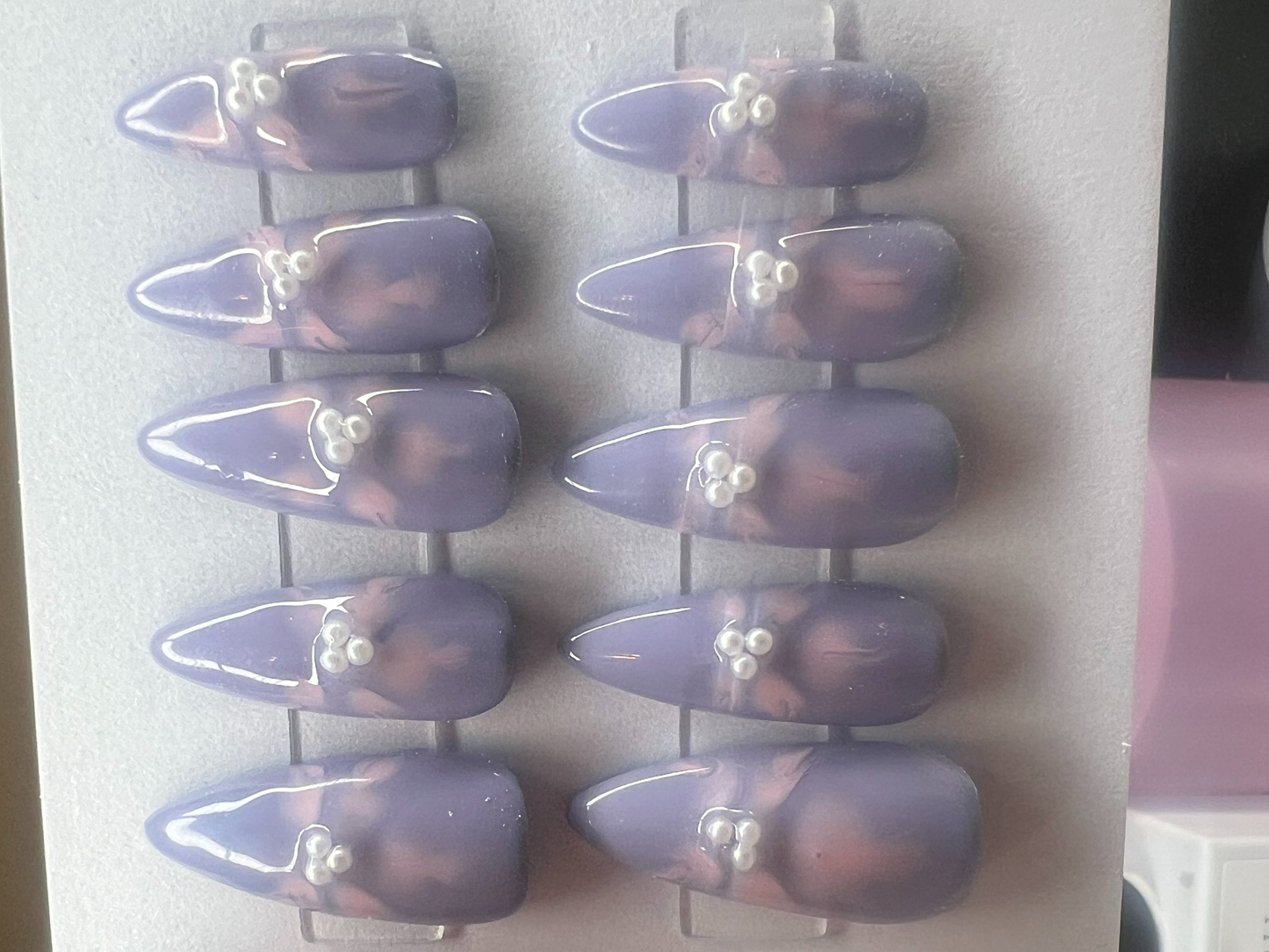 Lavender Pink Blooming Flower Press-On Nails | Pearls & Hidden Blue Glitter Underside | Celestial Flora