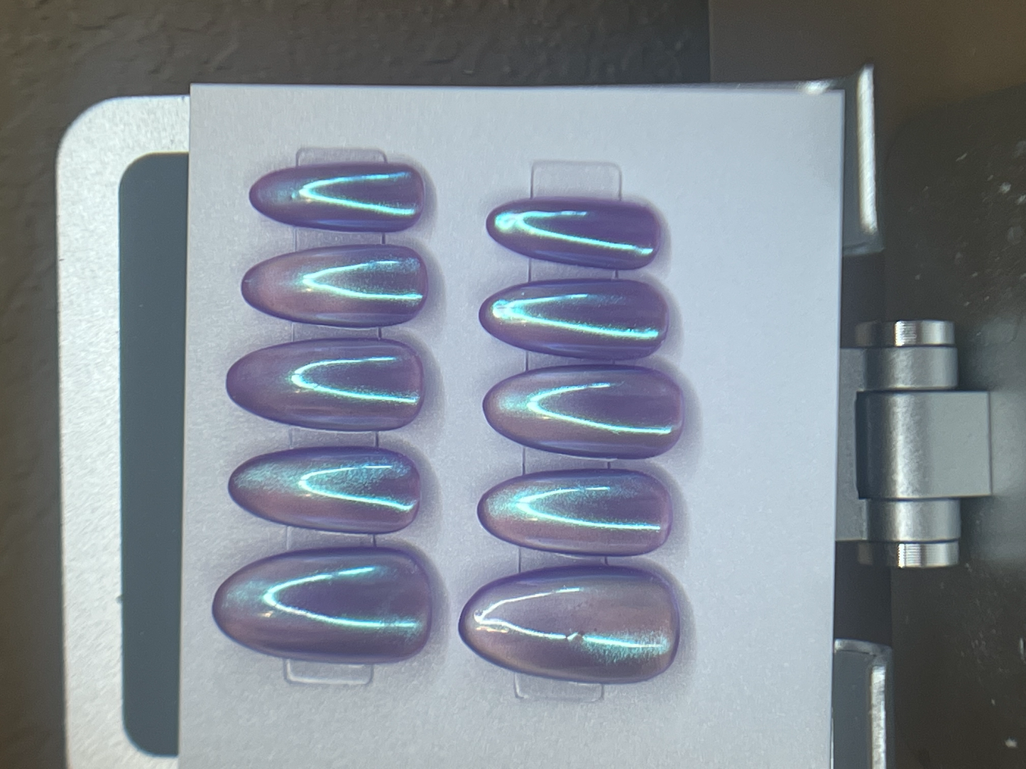 Neon Purple Mermaid Chrome Glass Velvet Cat Eye Press-ons Reusable | Purple Moon