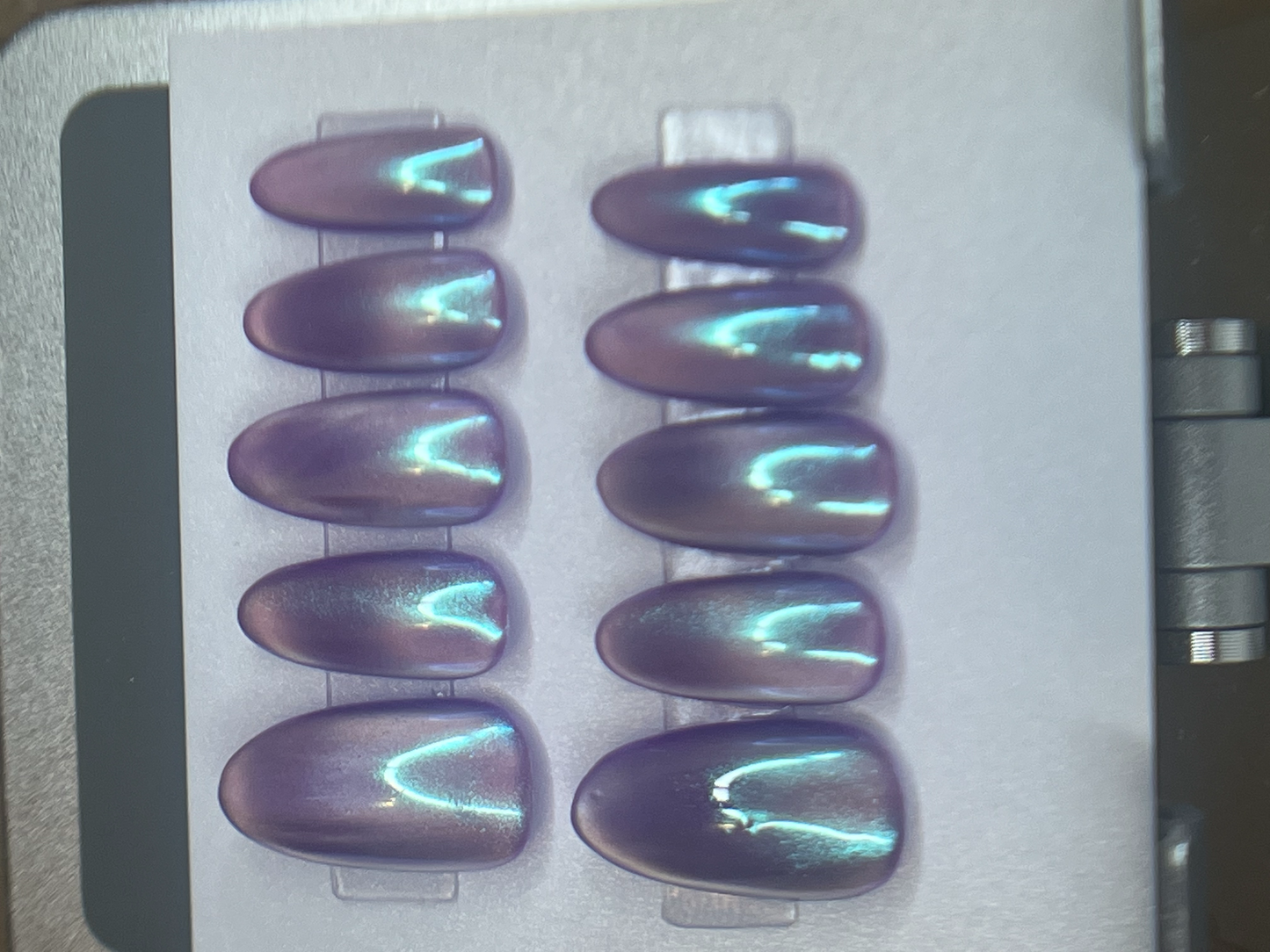Neon Purple Mermaid Chrome Glass Velvet Cat Eye Press-ons Reusable | Purple Moon