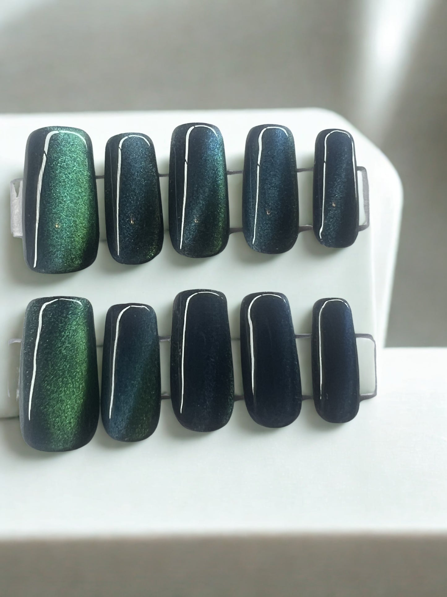 Deep Obsidian Black Green Blue Magnetic Cat Eye Press-Ons Reusable | Cosmic Current