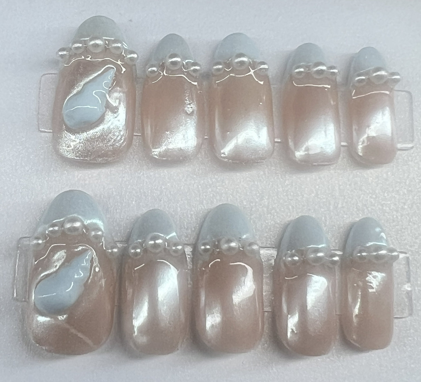 Wedding Blue French Tip Press-On Nails |Mermaid Chrome Pearls | Just Say I Do