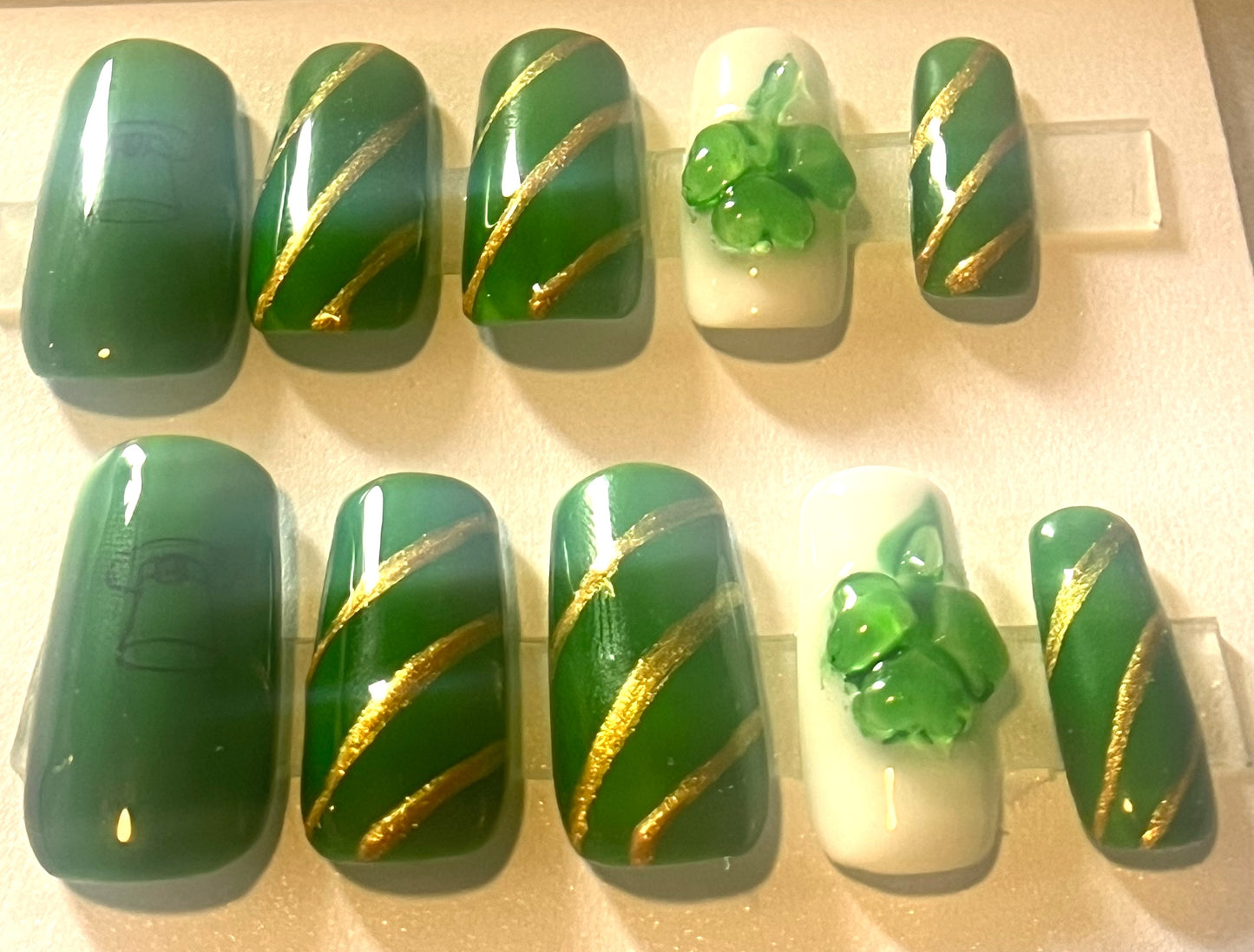 St. Patrick's Day Press-On Nails | Emerald Jelly & 3D Gold Shamrock
