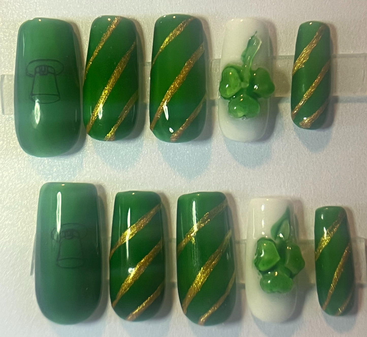 St. Patrick's Day Press-On Nails | Emerald Jelly & 3D Gold Shamrock