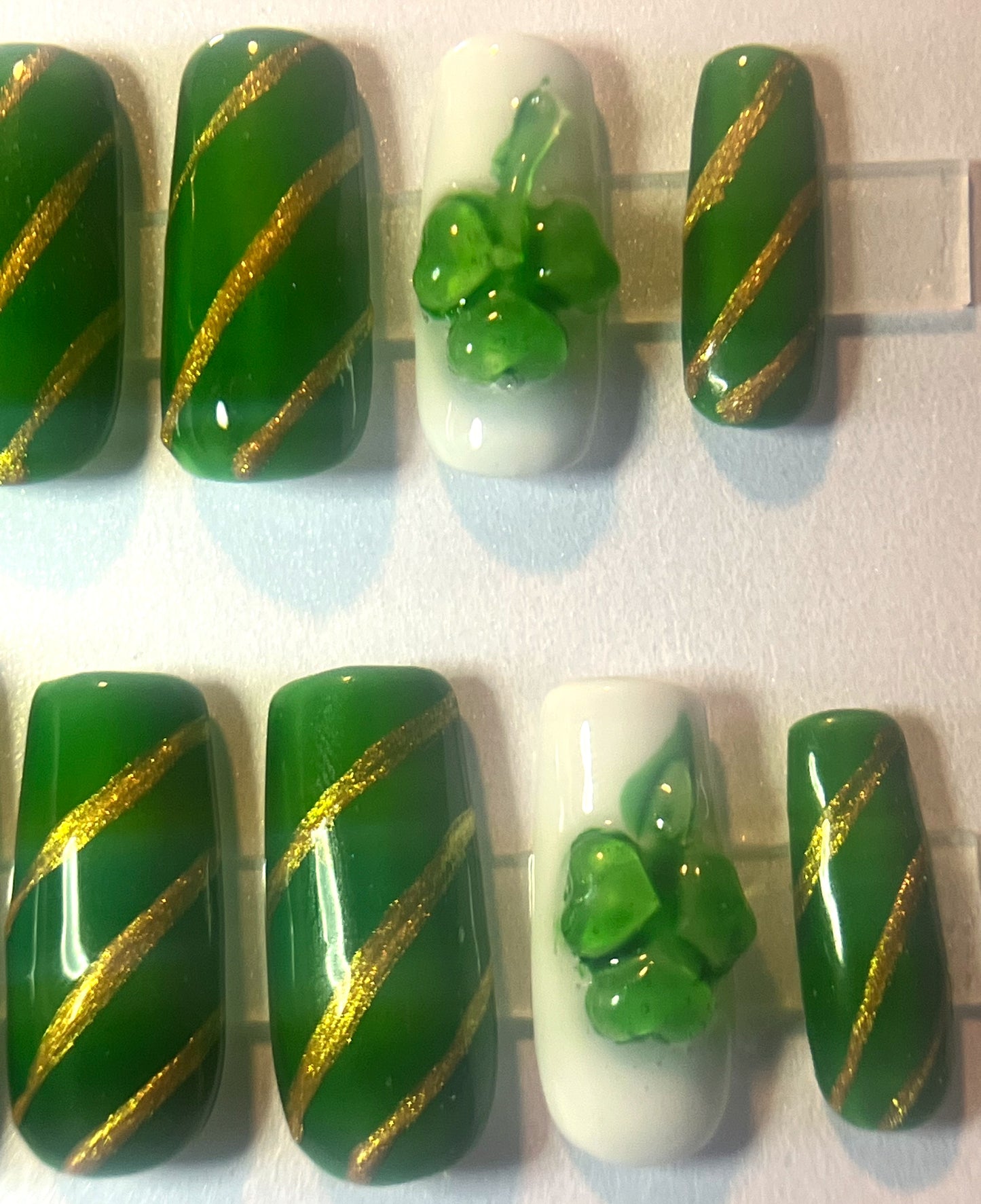 St. Patrick's Day Press-On Nails | Emerald Jelly & 3D Gold Shamrock