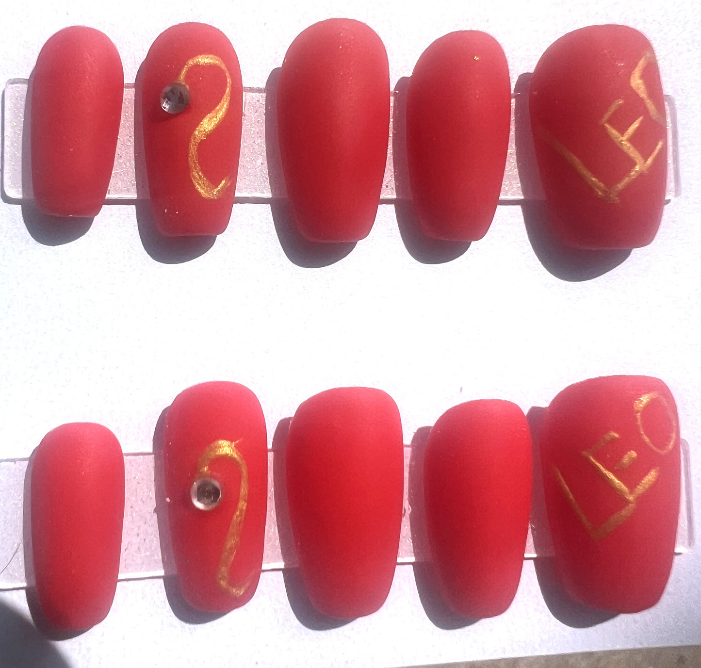 Leo Zodiac Press On Nails Matte Red Gold Astrology False Nails, Fire Sign Lion Rhinestone Gel Nails, Custom Birthday Fake Nails