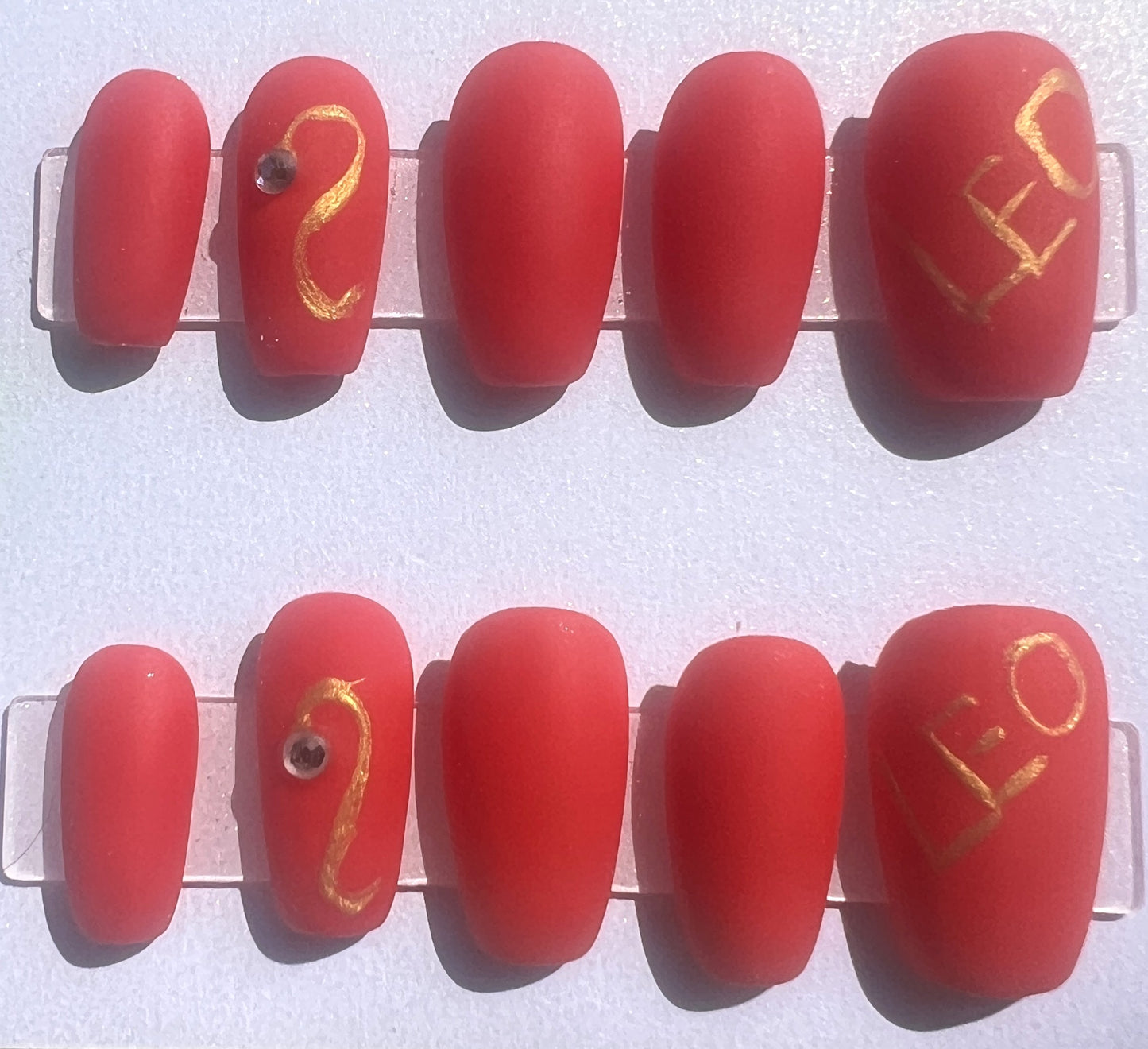 Leo Zodiac Press On Nails Matte Red Gold Astrology False Nails, Fire Sign Lion Rhinestone Gel Nails, Custom Birthday Fake Nails