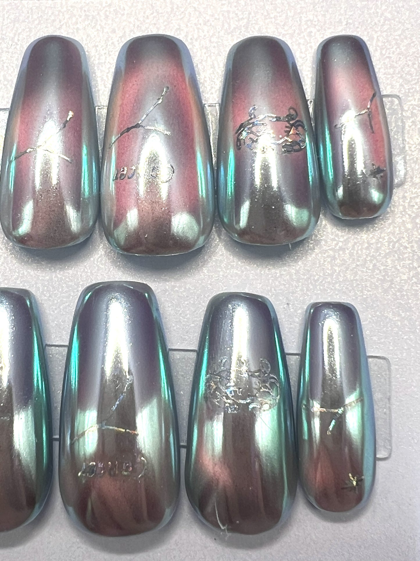 Cancer Zodiac Press On Nails Mermaid Pearl Chrome False Nails, Silver Holographic Astrology Cat Eye Nails, Custom Fake Nails