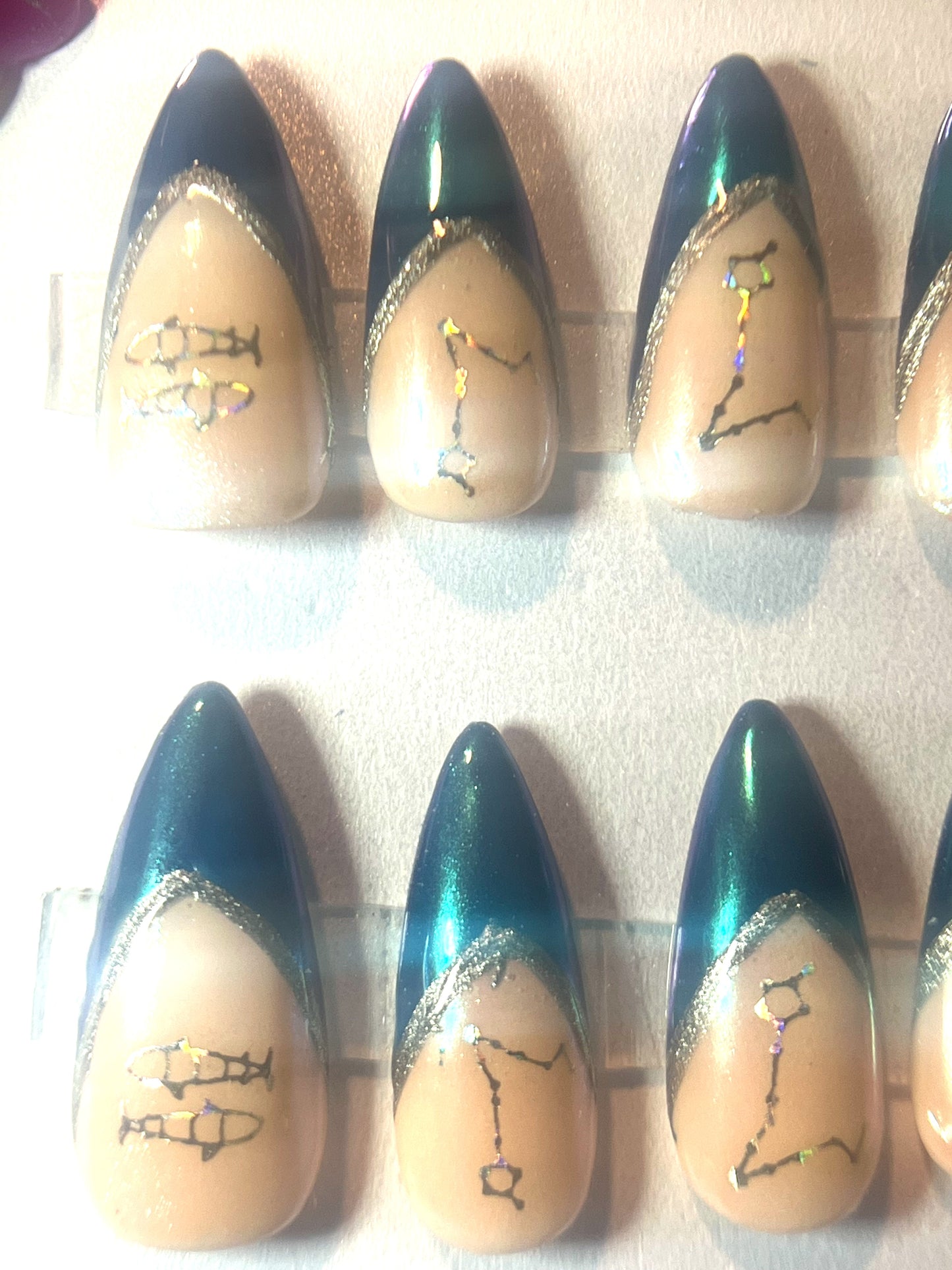 Pisces Zodiac Press-On Nails | All-Over Mermaid Chrome & Blue French