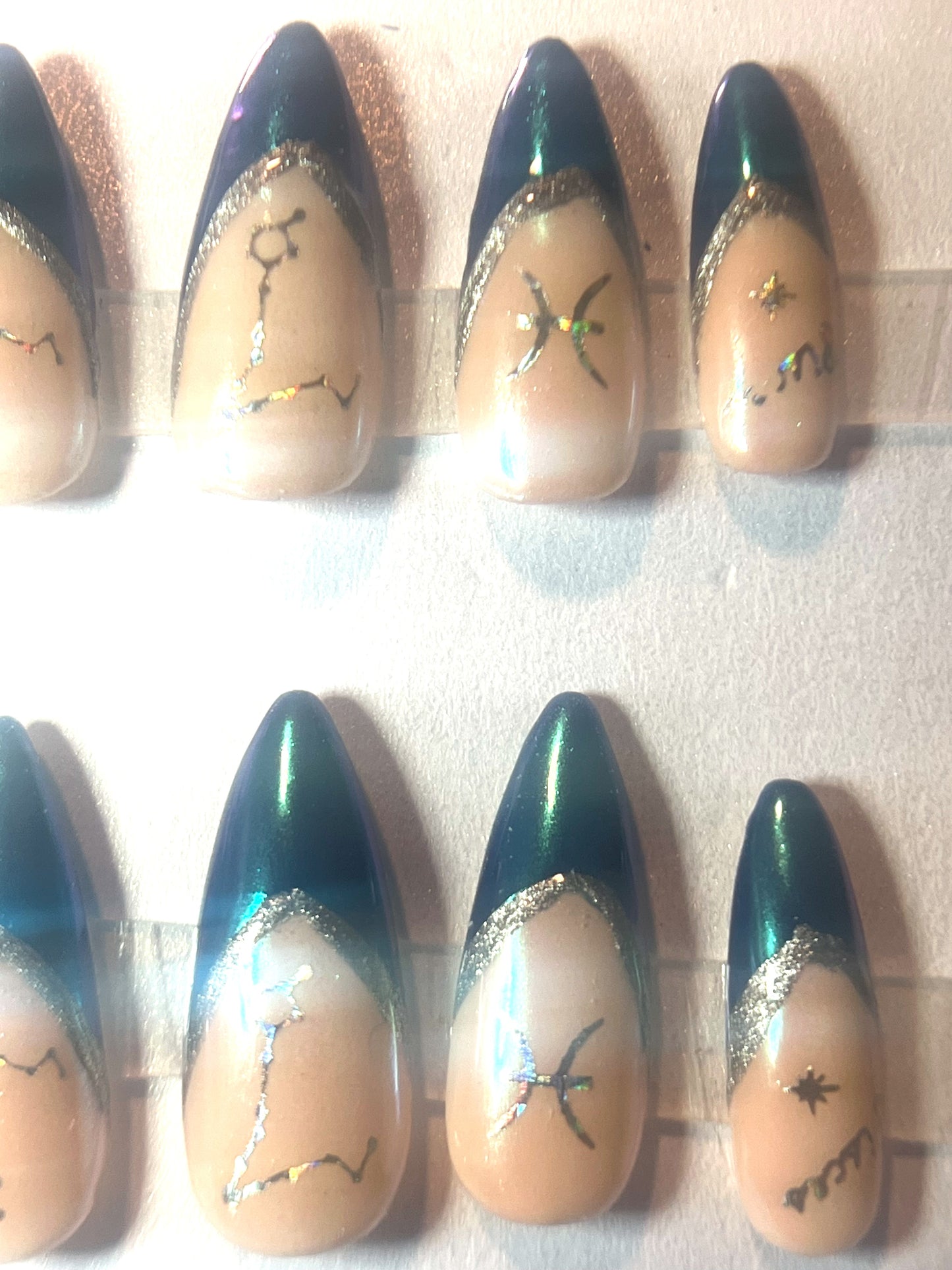 Pisces Zodiac Press-On Nails | All-Over Mermaid Chrome & Blue French