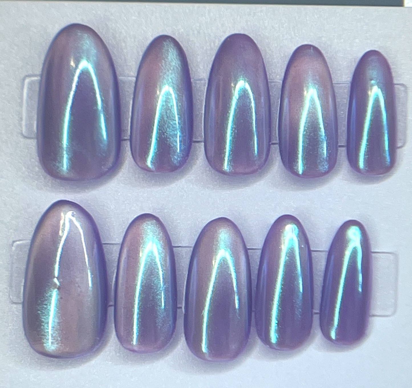 Neon Purple Mermaid Chrome Glass Velvet Cat Eye Press-ons Reusable | Purple Moon